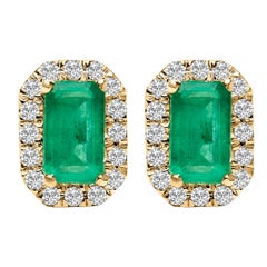 10K Yellow Gold Green Emerald and 1/7 Cttw Diamond Halo Octagonal Stud Earrings