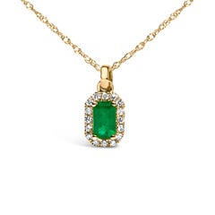 10K Yellow Gold Green Emerald and Diamond Accent Halo Pendant Necklace