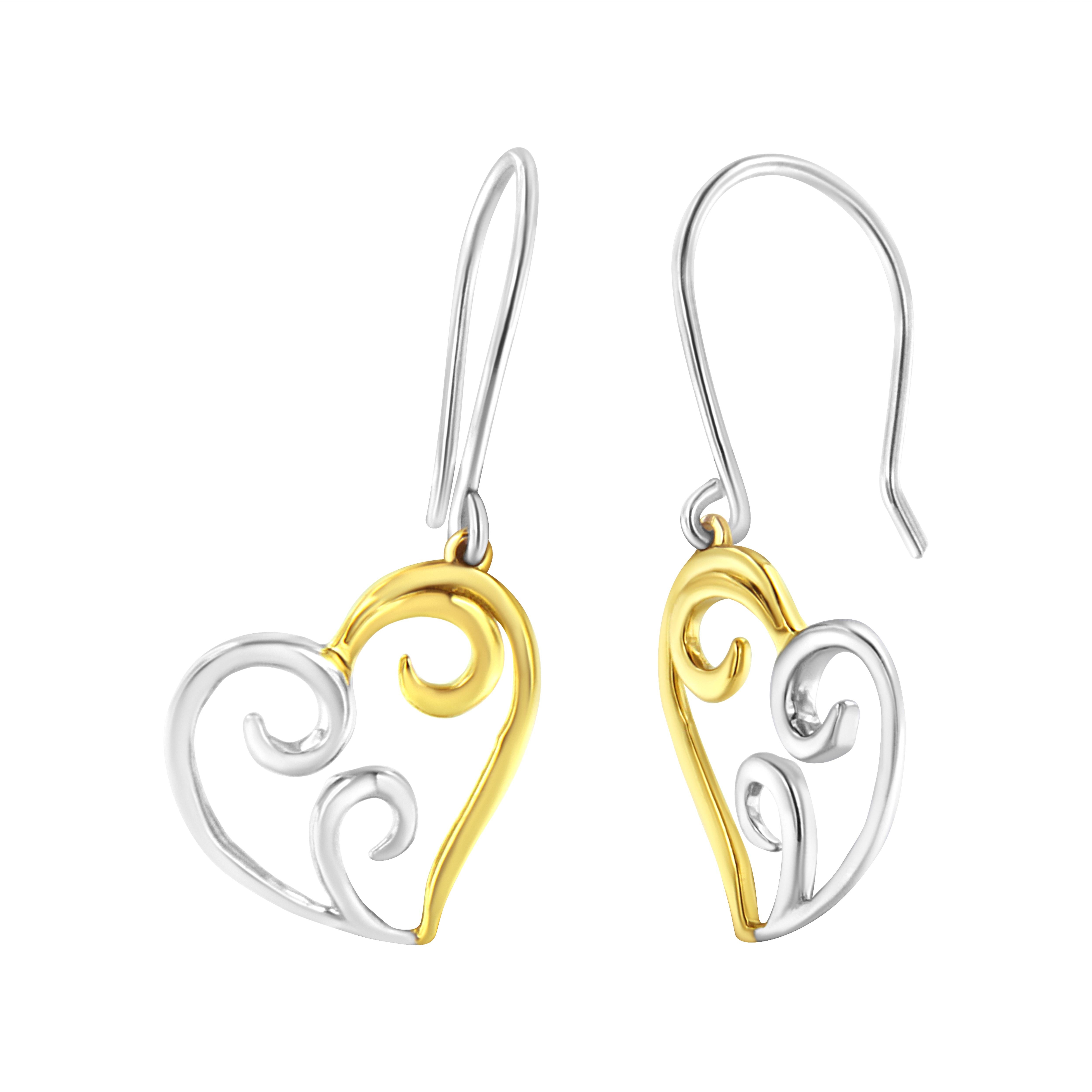 These two-toned earrings are certain to make your look romantic and elegant. Chisel to excellence, created in the shape of a heart with swirl accents, these earrings are crafted of 14 karats lustrous white and yellow gold. Simple yet graceful,