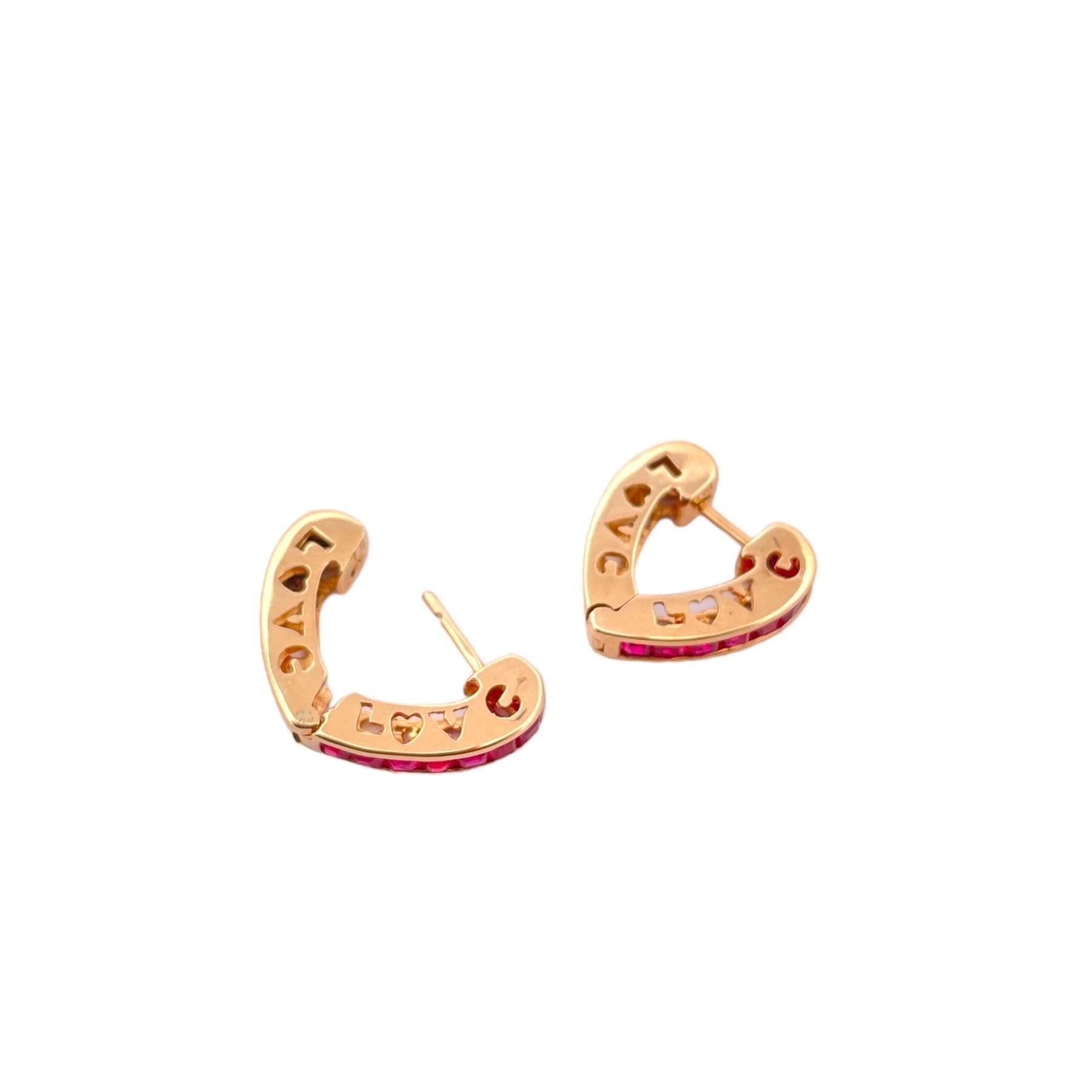 Square Cut 10K Yellow Gold Heart-Shaped Love Huggie Earrings with Rubies