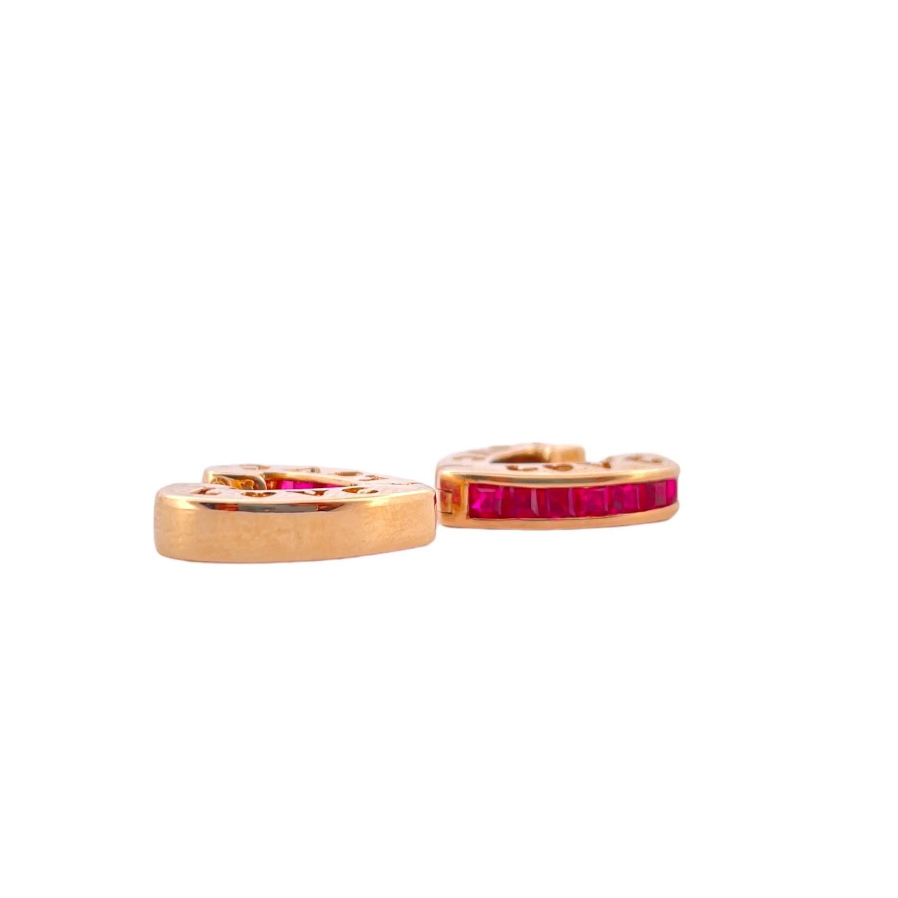 10K Yellow Gold Heart-Shaped Love Huggie Earrings with Rubies In Good Condition In New York, NY