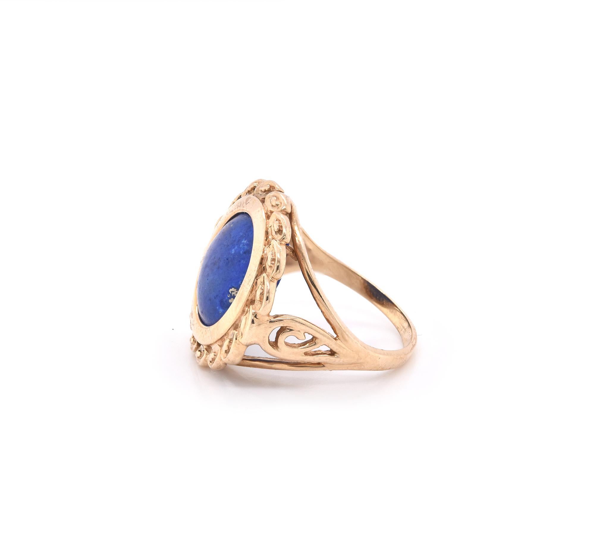 Designer: hallmarked “CID”
Material: 10k yellow gold
Gemstone: 1 cabochon lapis lazuli
Ring Size: 5 ¾ (please allow two additional shipping days for sizing requests)
Dimensions: ring top measures 18.75mm in diameter
Weight: 4.8 grams
