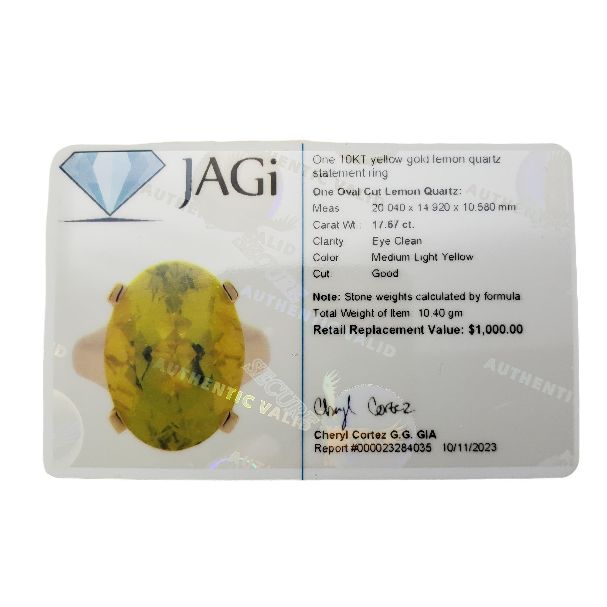 Bague en or jaune 10 carats avec quartz citron taille 8 n° 15789 en vente 4