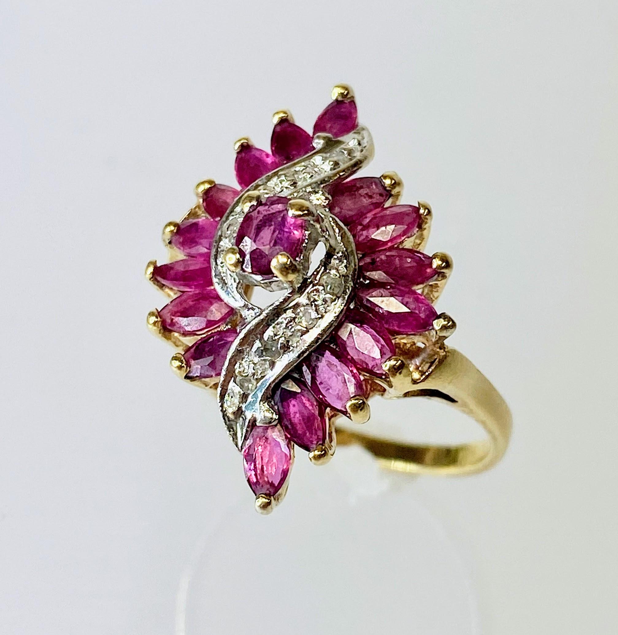 Modern 10K Yellow Gold Marquise Ruby Diamond Waterfall Ballerina Cocktail Ring Size 6 For Sale