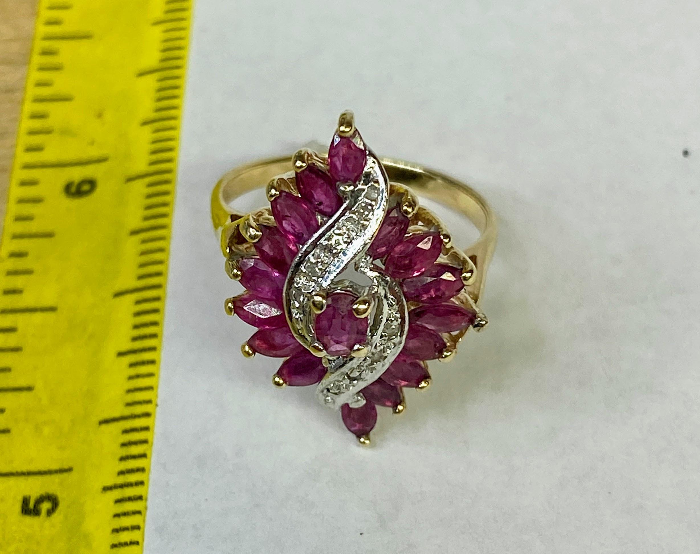 Marquise Cut 10K Yellow Gold Marquise Ruby Diamond Waterfall Ballerina Cocktail Ring Size 6 For Sale