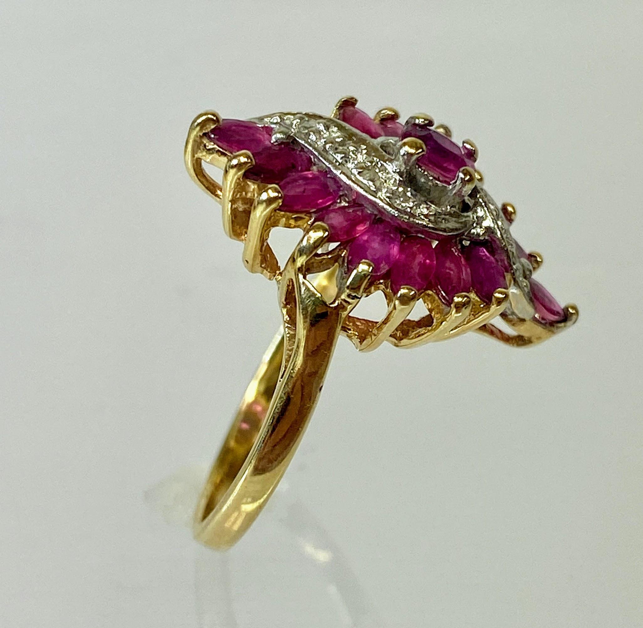 10K Yellow Gold Marquise Ruby Diamond Waterfall Ballerina Cocktail Ring Size 6 In Good Condition For Sale In San Jacinto, CA