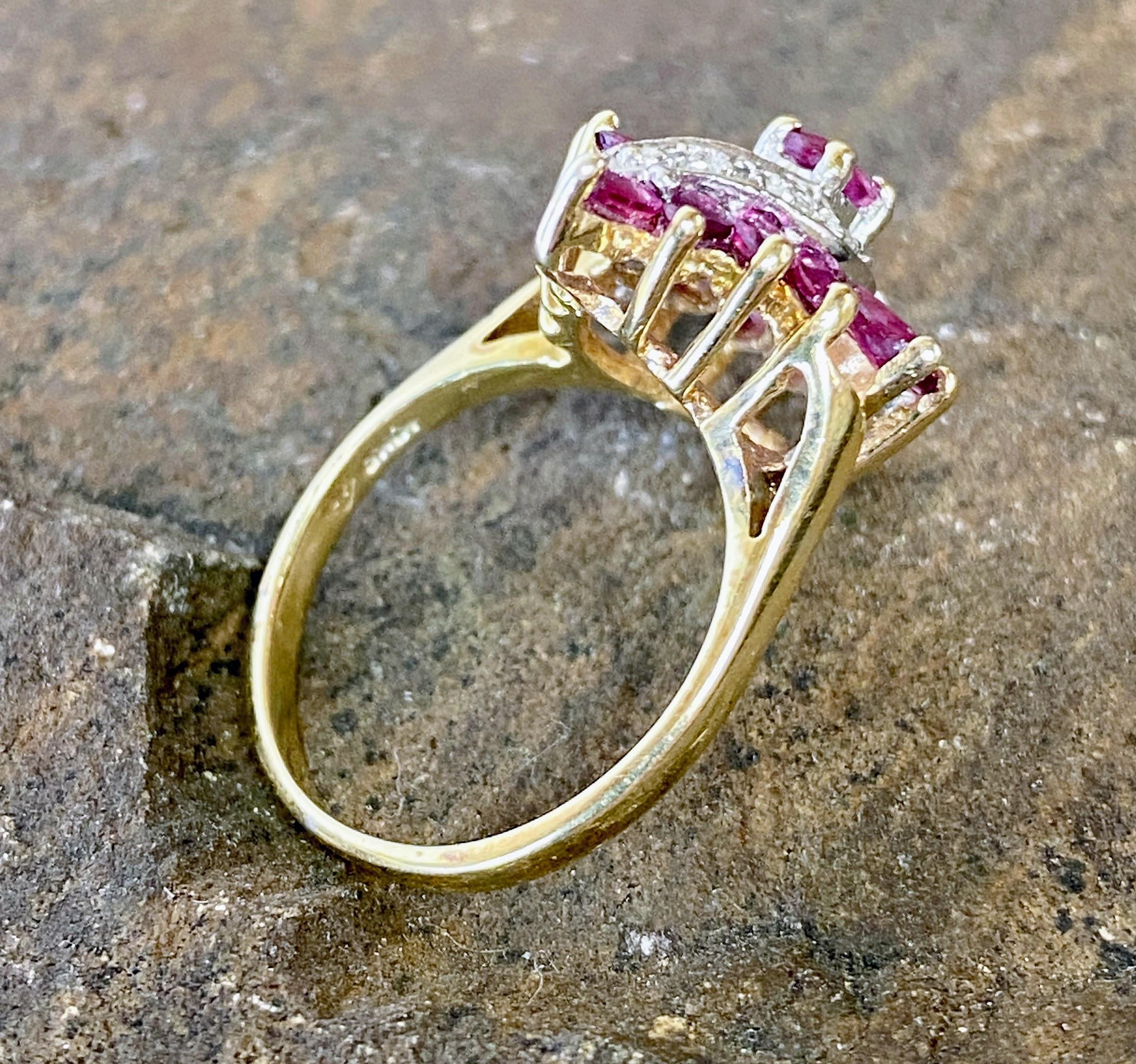 Women's or Men's 10K Yellow Gold Marquise Ruby Diamond Waterfall Ballerina Cocktail Ring Size 6 For Sale