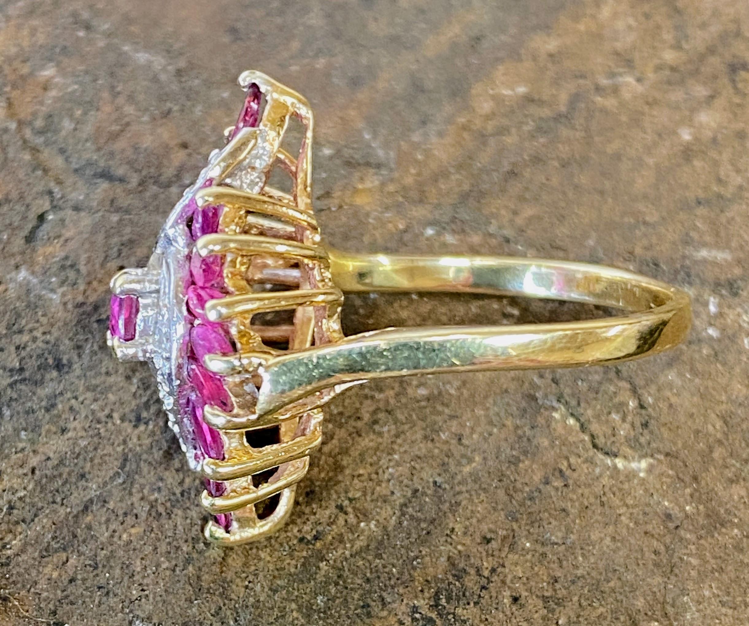 10K Yellow Gold Marquise Ruby Diamond Waterfall Ballerina Cocktail Ring Size 6 For Sale 1
