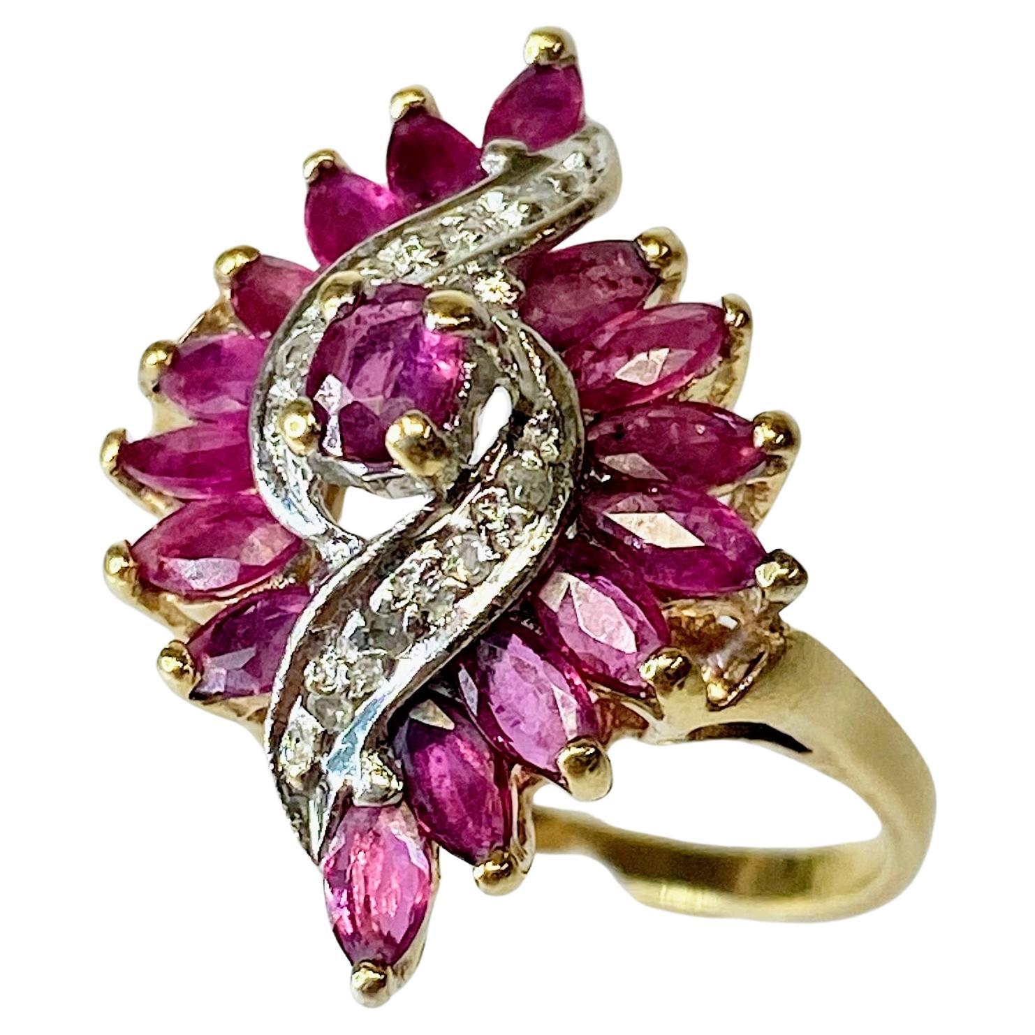10K Yellow Gold Marquise Ruby Diamond Waterfall Ballerina Cocktail Ring Size 6 For Sale