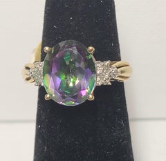 Vintage 10k Yellow Gold Mystic Topaz Ring with Diamond Accents