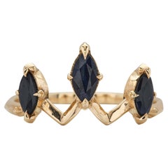 10k Yellow Gold Mystical Marquise 3-Stone Crown Ring with Midnight Blue Sapphire