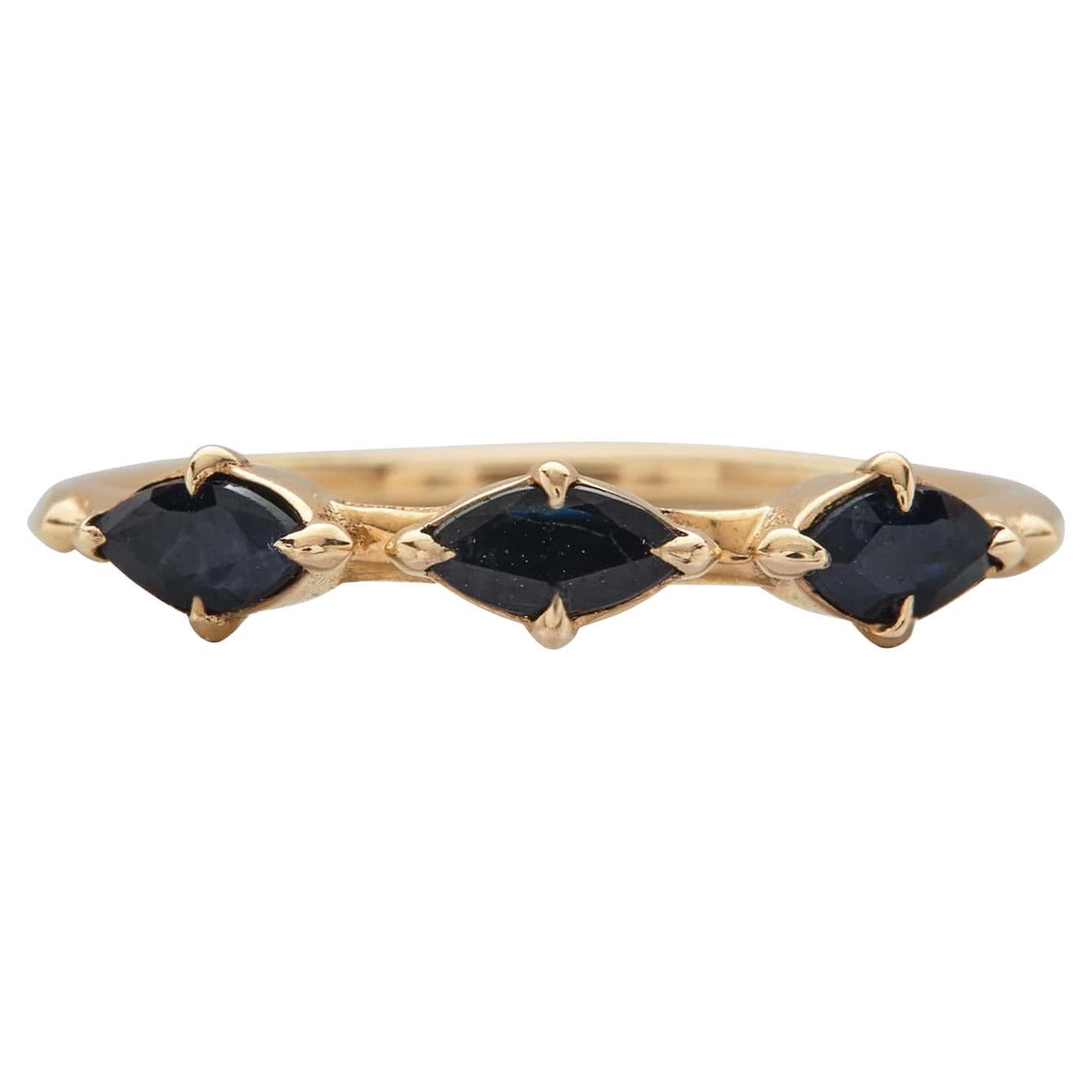 10k Yellow Gold Mystical Marquise 3-Stone Stack Ring with Midnight Blue Sapphire For Sale