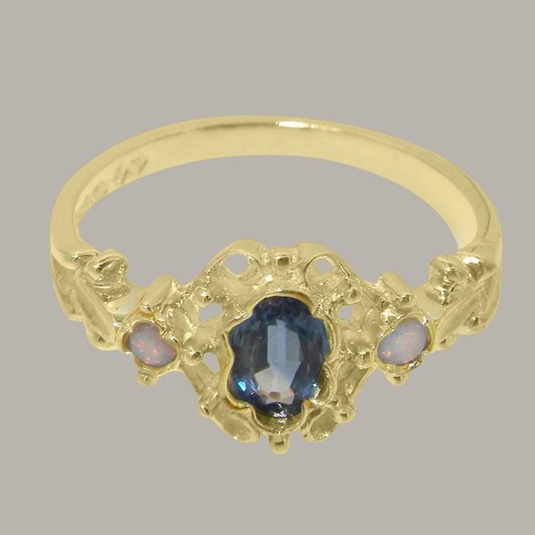 For Sale:  10k Yellow Gold Natural Sapphire & Opal Womens Trilogy Ring Customizable 5