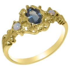 Bague trilogie personnalisable en or jaune 10 carats, saphir naturel et opale pour femmes