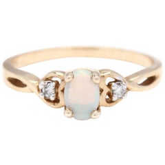 10 Karat Yellow Gold, Opal and Diamond Heart Ring, October Birthstone