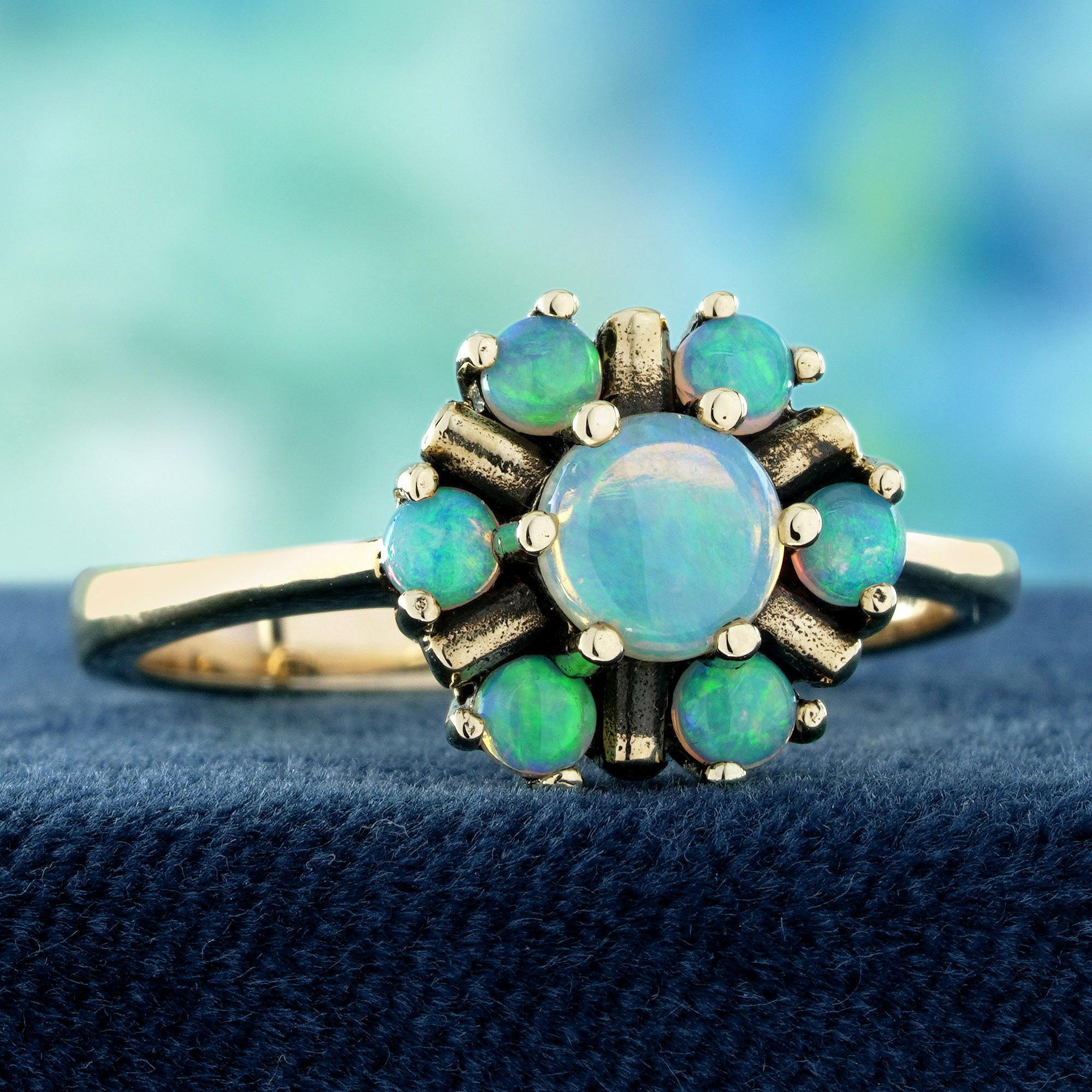 10K Yellow Gold Opal Vintage Style Cluster Floral Ring (Edwardian) im Angebot