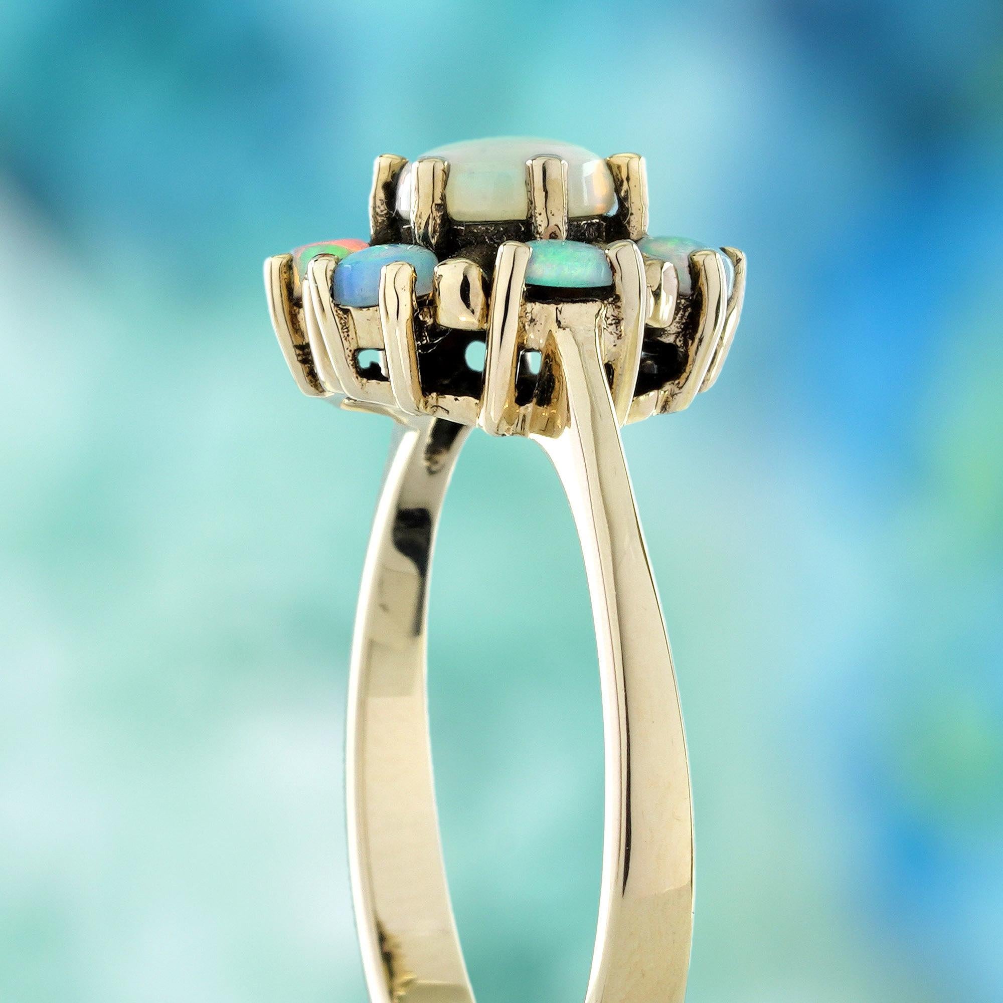 10K Yellow Gold Opal Vintage Style Cluster Floral Ring Damen im Angebot
