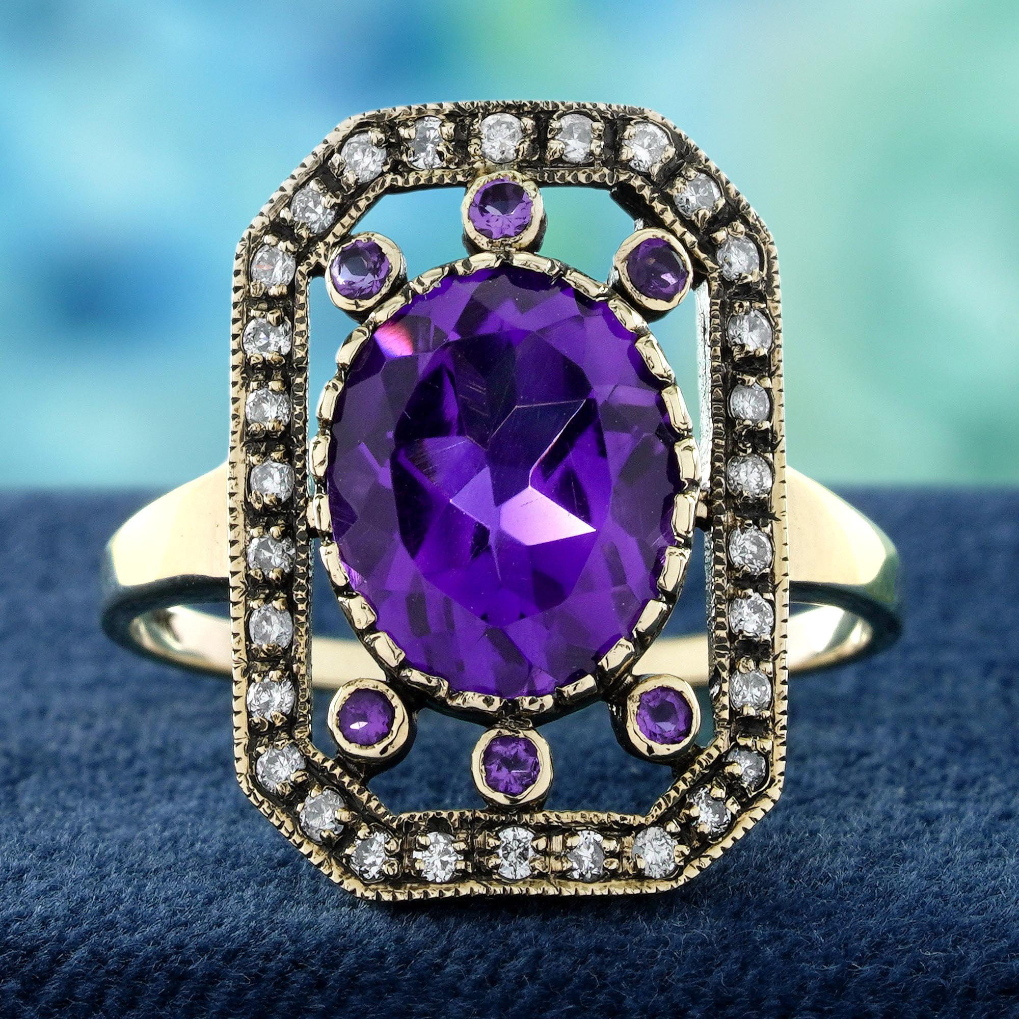 Véritable hommage à l'élégance intemporelle, cette bague de style vintage présente en son cœur une améthyste ovale lumineuse, riche en nuances de pourpre royal. Six améthystes rondes sont nichées au-dessus et au-dessous, comme des pétales entourant