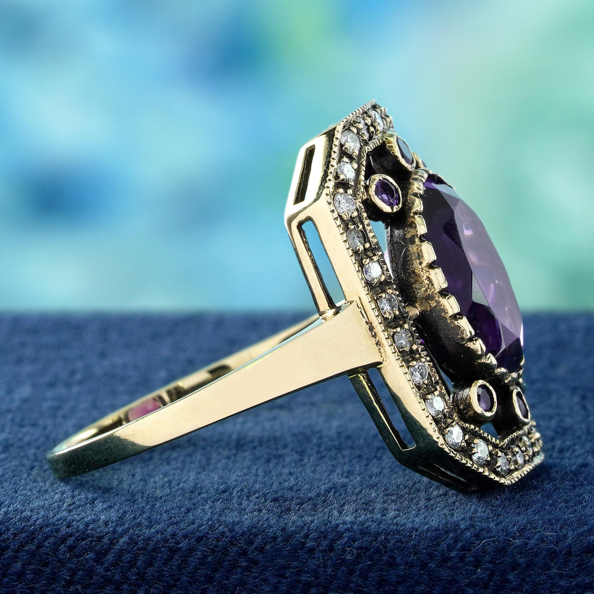 Taille ovale Bague de cocktail en or jaune 10K avec améthyste ovale et diamant de style vintage en vente