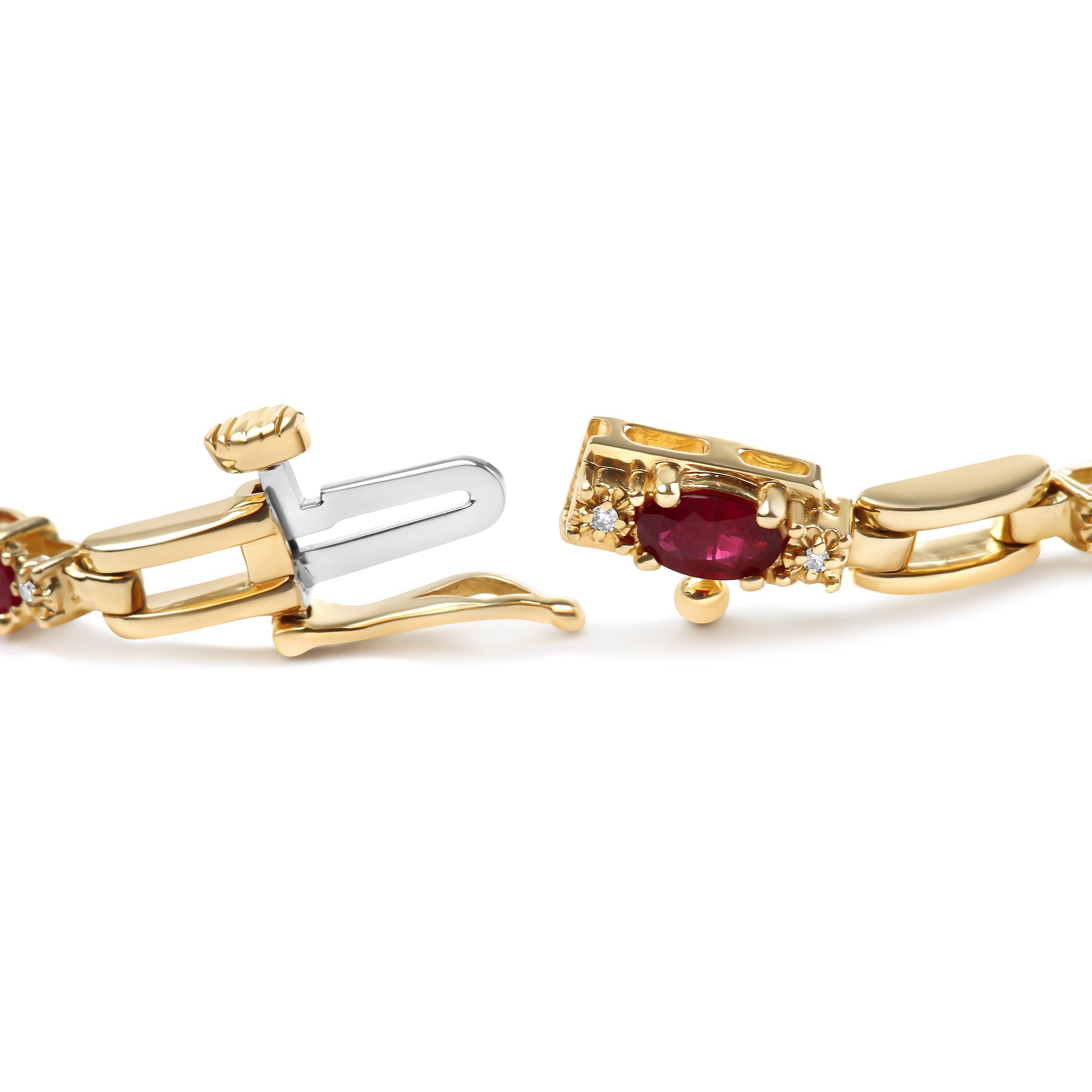 Behold the ultimate symbol of love and beauty in this exquisite oval Ruby and Diamond Bar Prong Set Bracelet. Dazzling with 11 natural heat-treated red rubies, each delicately crafted in a prong setting, this stunning piece of jewelry radiates