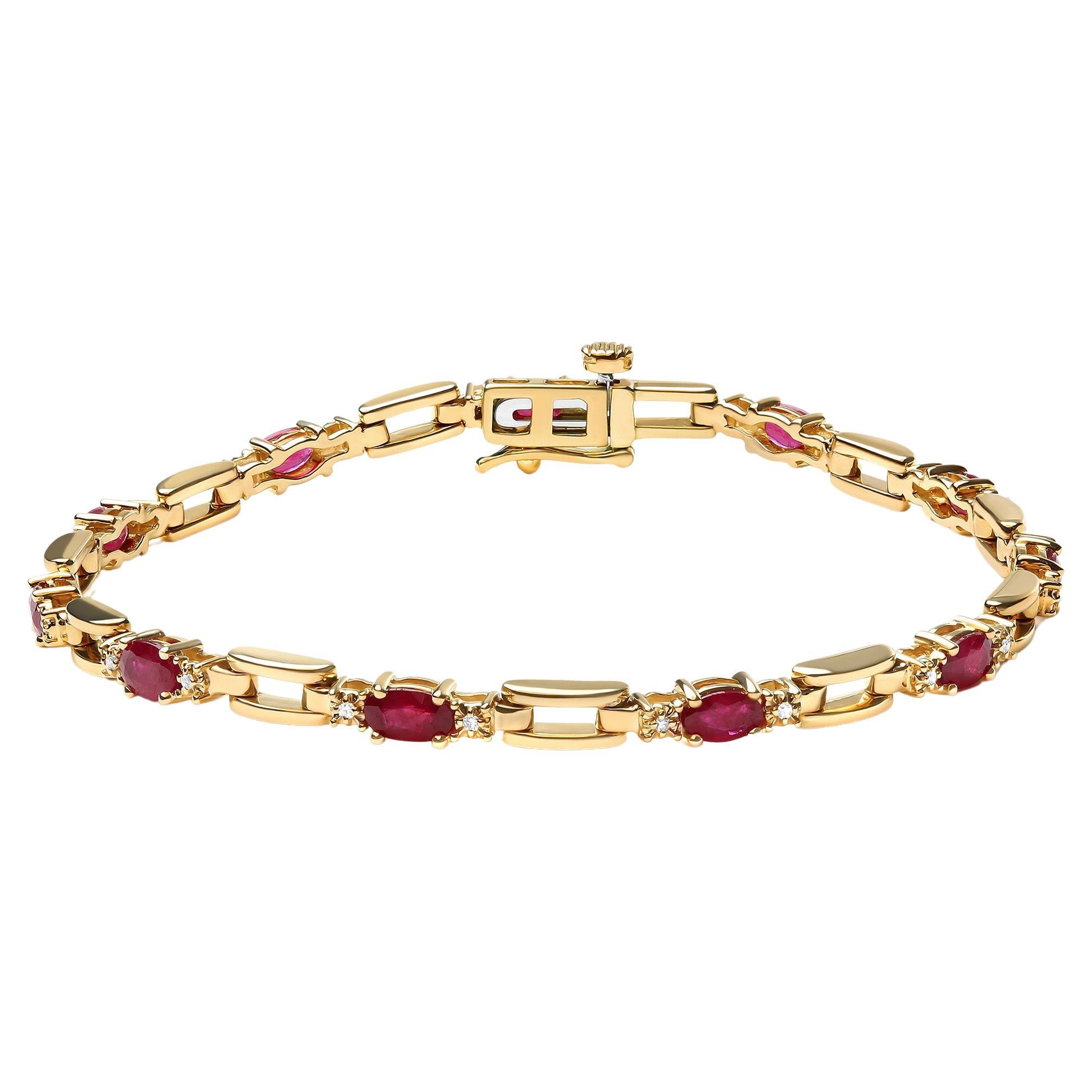 10k Yellow Gold Oval Ruby and 1/10 Carat Diamond Bar Prong Set Bracelet For Sale