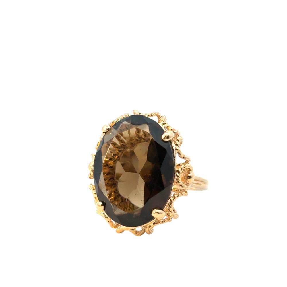 Modern Vintage 10k Yellow Gold Oval Smoky Quartz Gemstone Ring For Sale