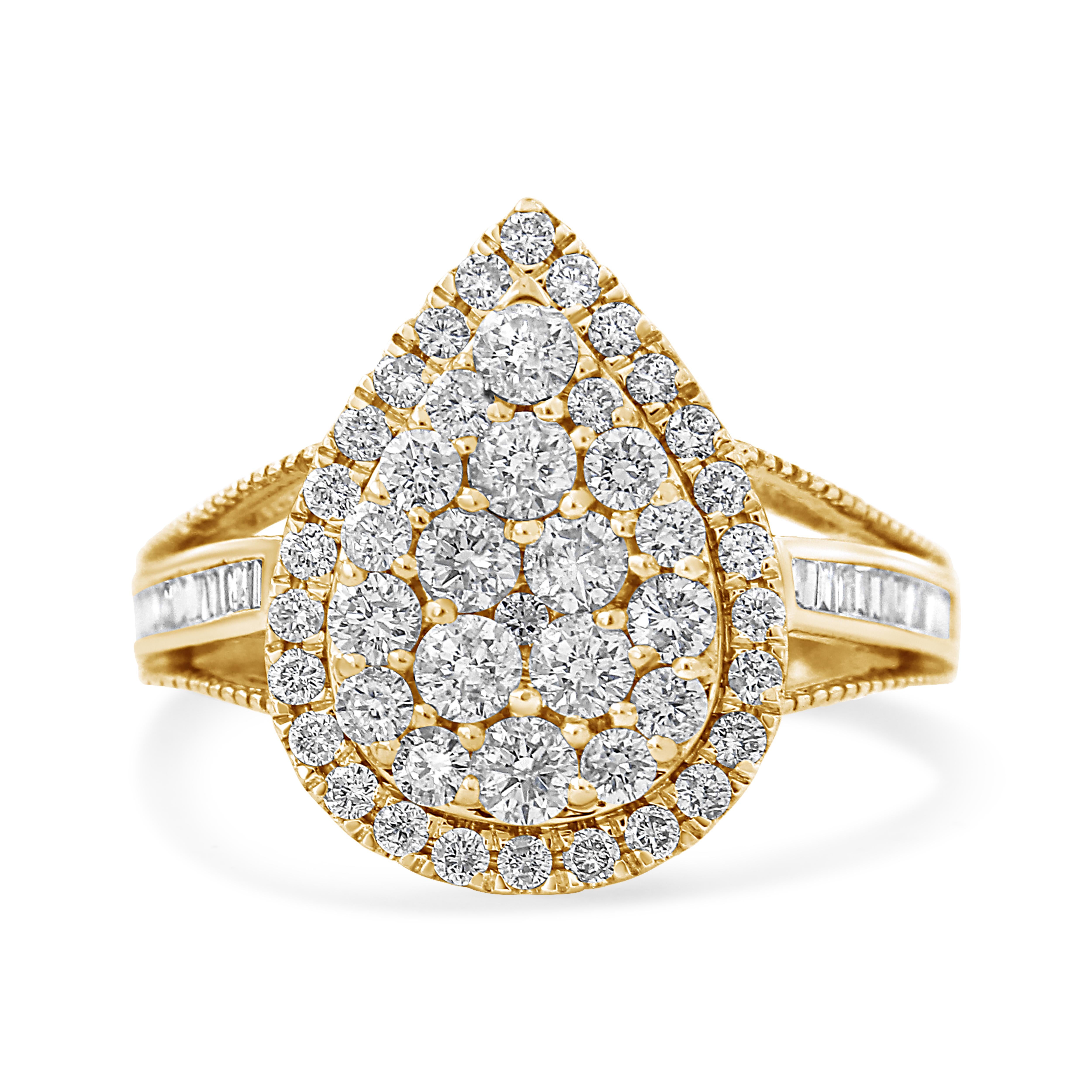 Dazzle and delight her with this stunning diamond cocktail ring. Crafted in cool in 10k yellow gold plated .925 sterling, this fancy-shape fashion ring showcases a sparkling a stunning total weight of 1 1/2 carat of diamonds wrapped in a pear-shaped