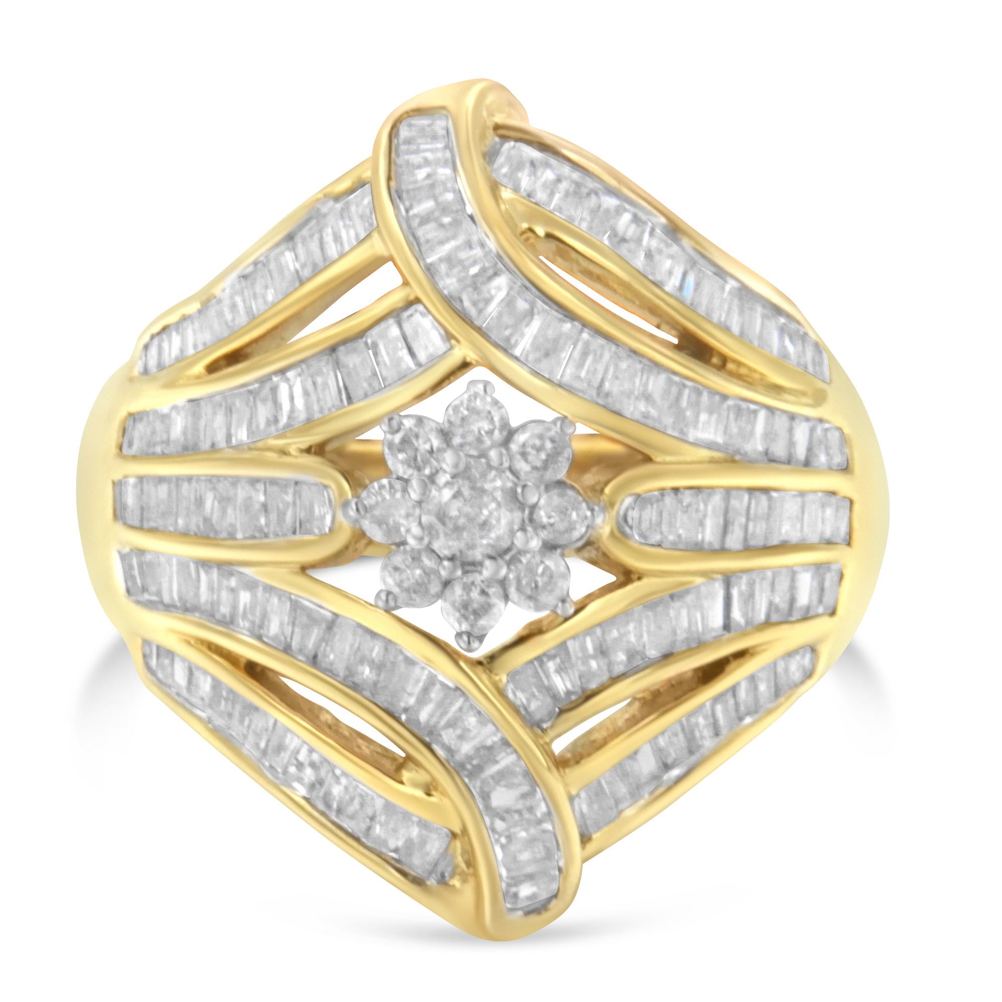 10K Yellow Gold Over Silver 1-1/8 Ct Diamond Flower & Fen Cluster Cocktail Ring 3