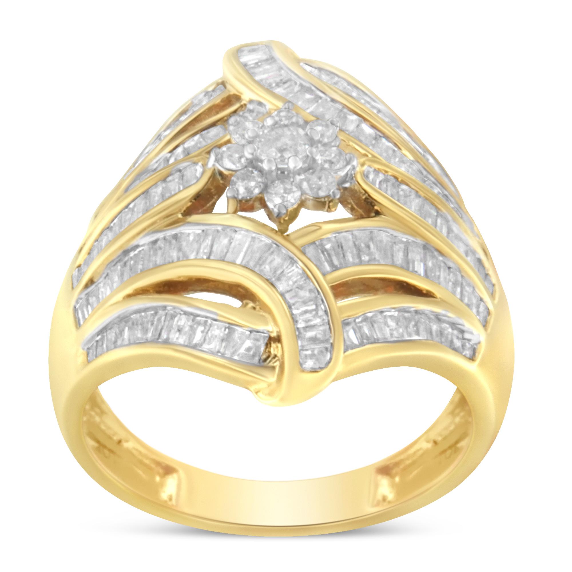 10K Yellow Gold Over Silver 1-1/8 Ct Diamond Flower & Fen Cluster Cocktail Ring 4
