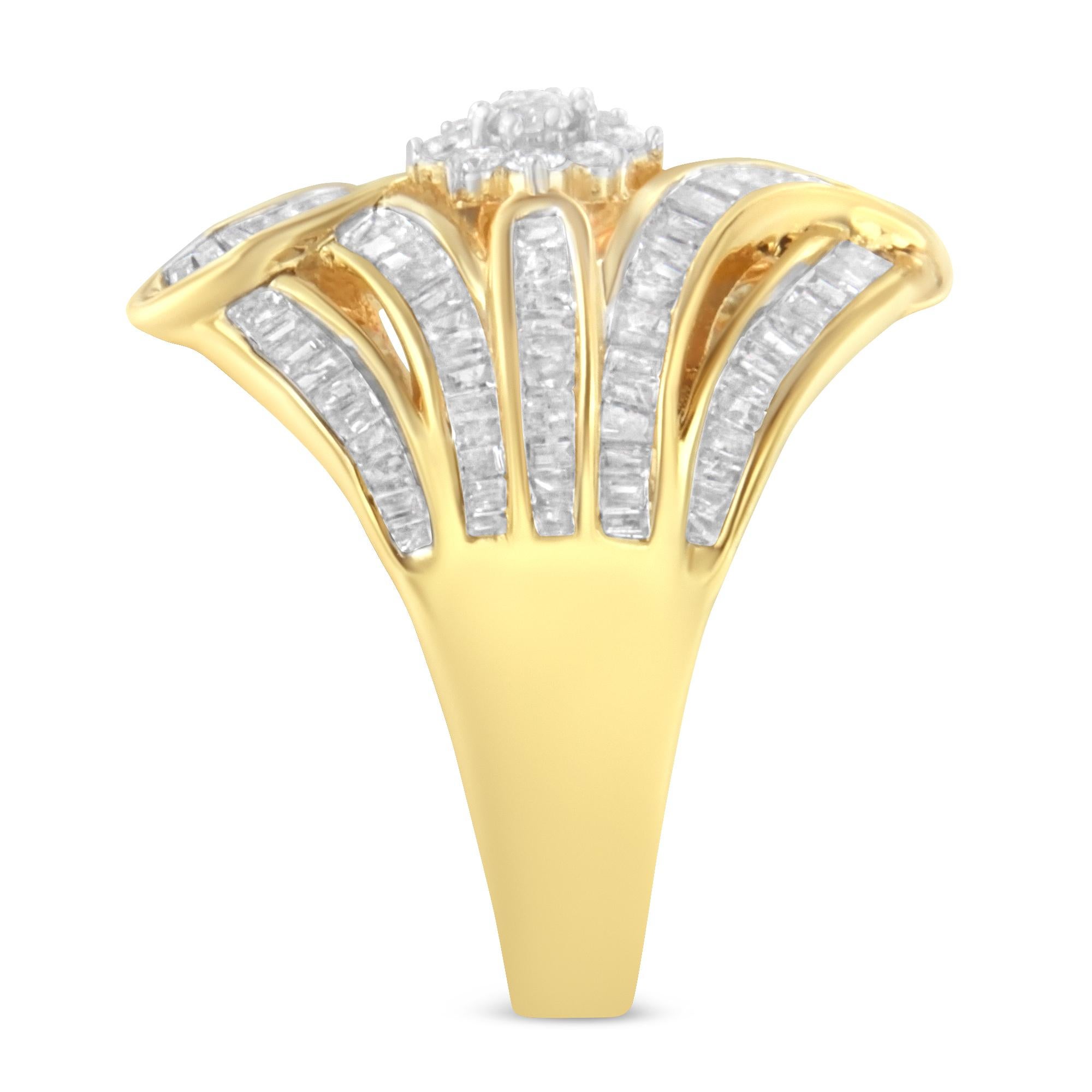 10K Yellow Gold Over Silver 1-1/8 Ct Diamond Flower & Fen Cluster Cocktail Ring 5