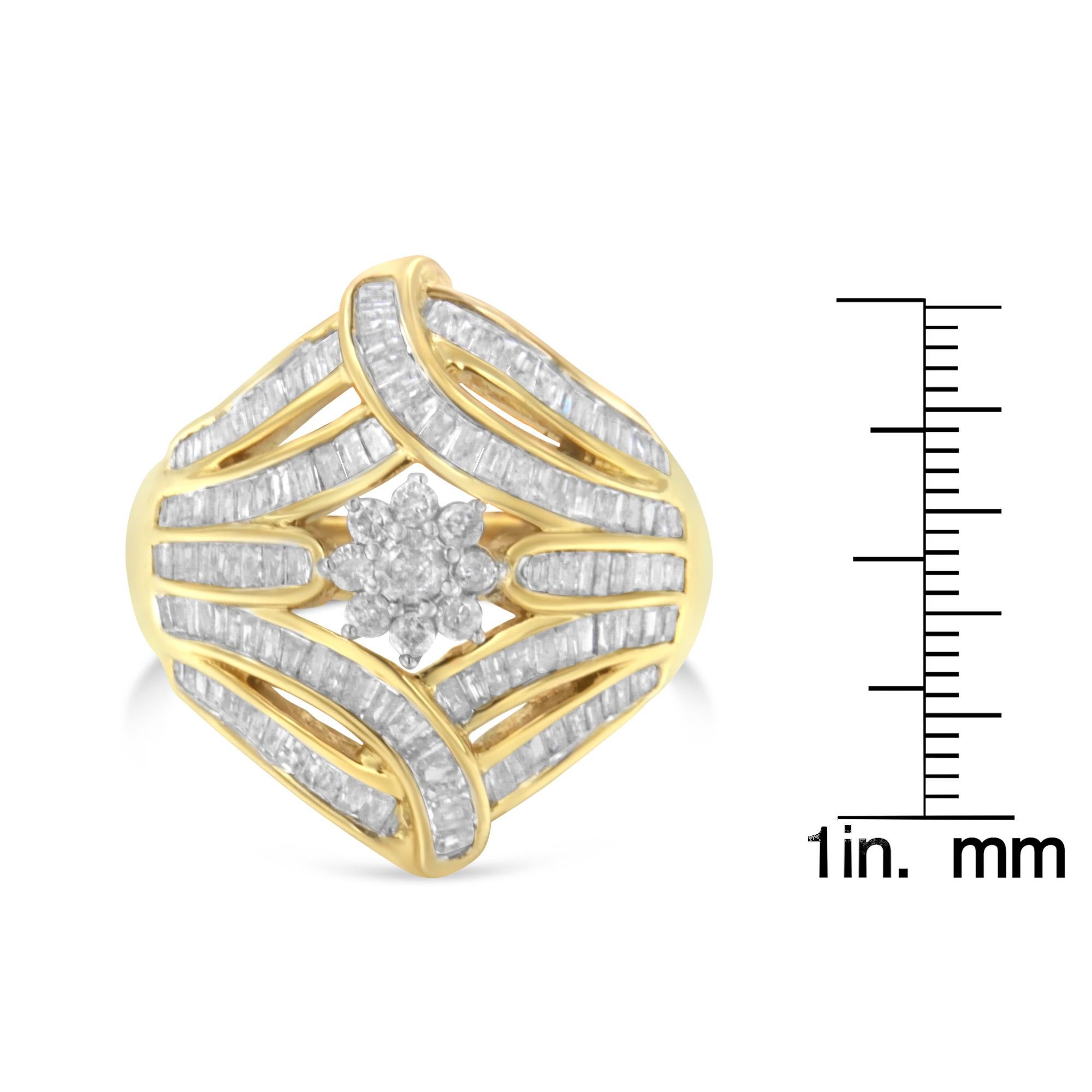 10K Yellow Gold Over Silver 1-1/8 Ct Diamond Flower & Fen Cluster Cocktail Ring 7