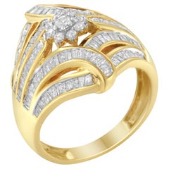 10K Yellow Gold Over Silver 1-1/8 Ct Diamond Flower & Fen Cluster Cocktail Ring