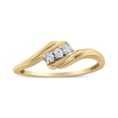 10K Yellow Gold over Silver 1/10 Ct Diamond 3-Stone Bypass Fashion Cocktail Ring
