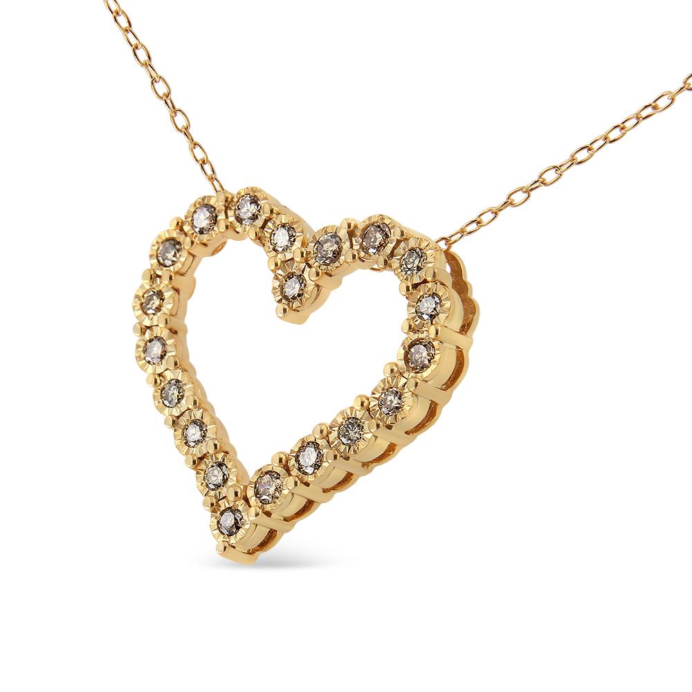 Modern 10k Yellow Gold Over Silver 1/2 Carat Champagne Diamond Heart Pendant Necklace For Sale