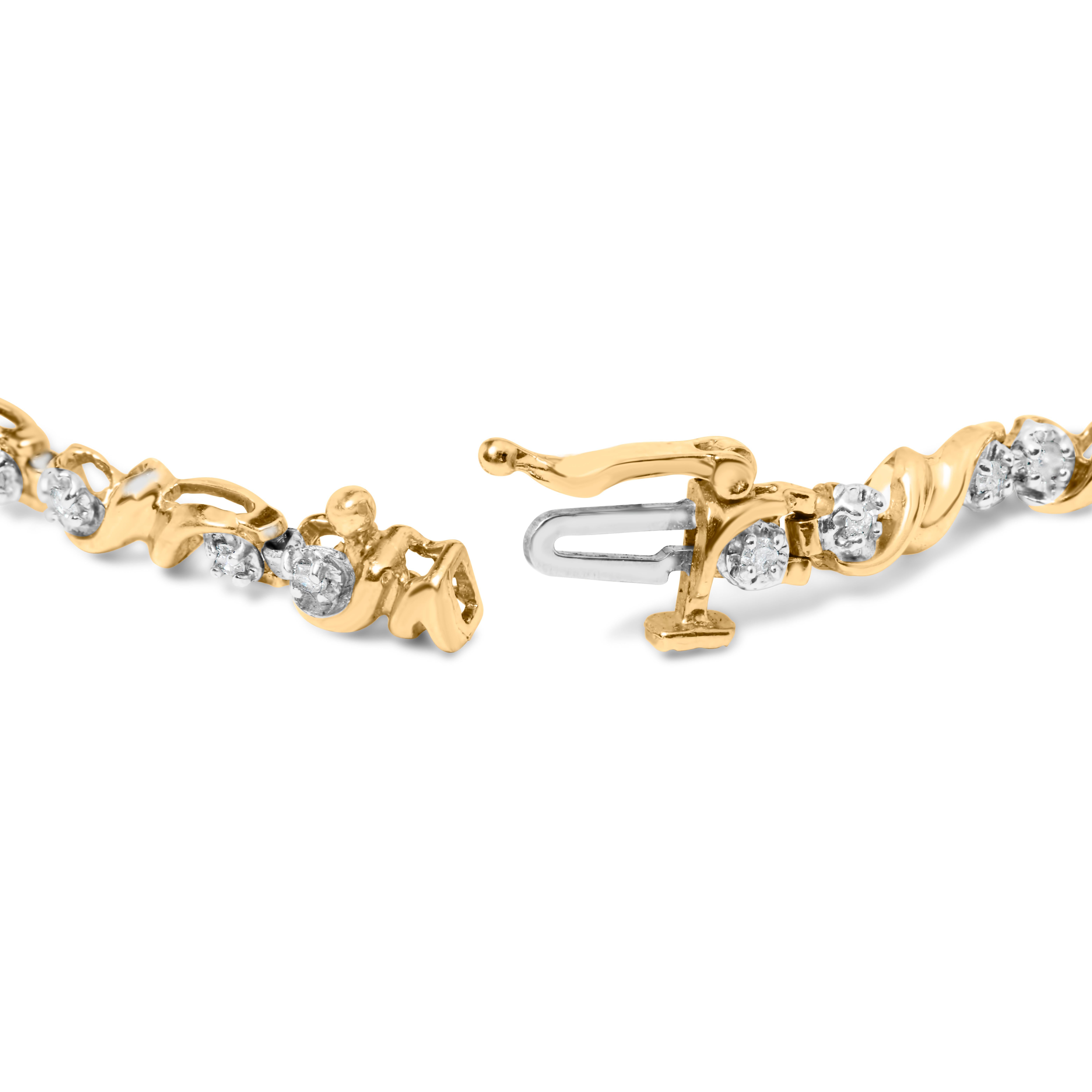 This gorgeous .925 sterling silver tennis bracelet features 0.5 carat total weight with 20 rose-cut diamonds. The diamonds are promo quality, which are milky and cloudy in nature. The unique miracle-plate setting centers each diamond in a
