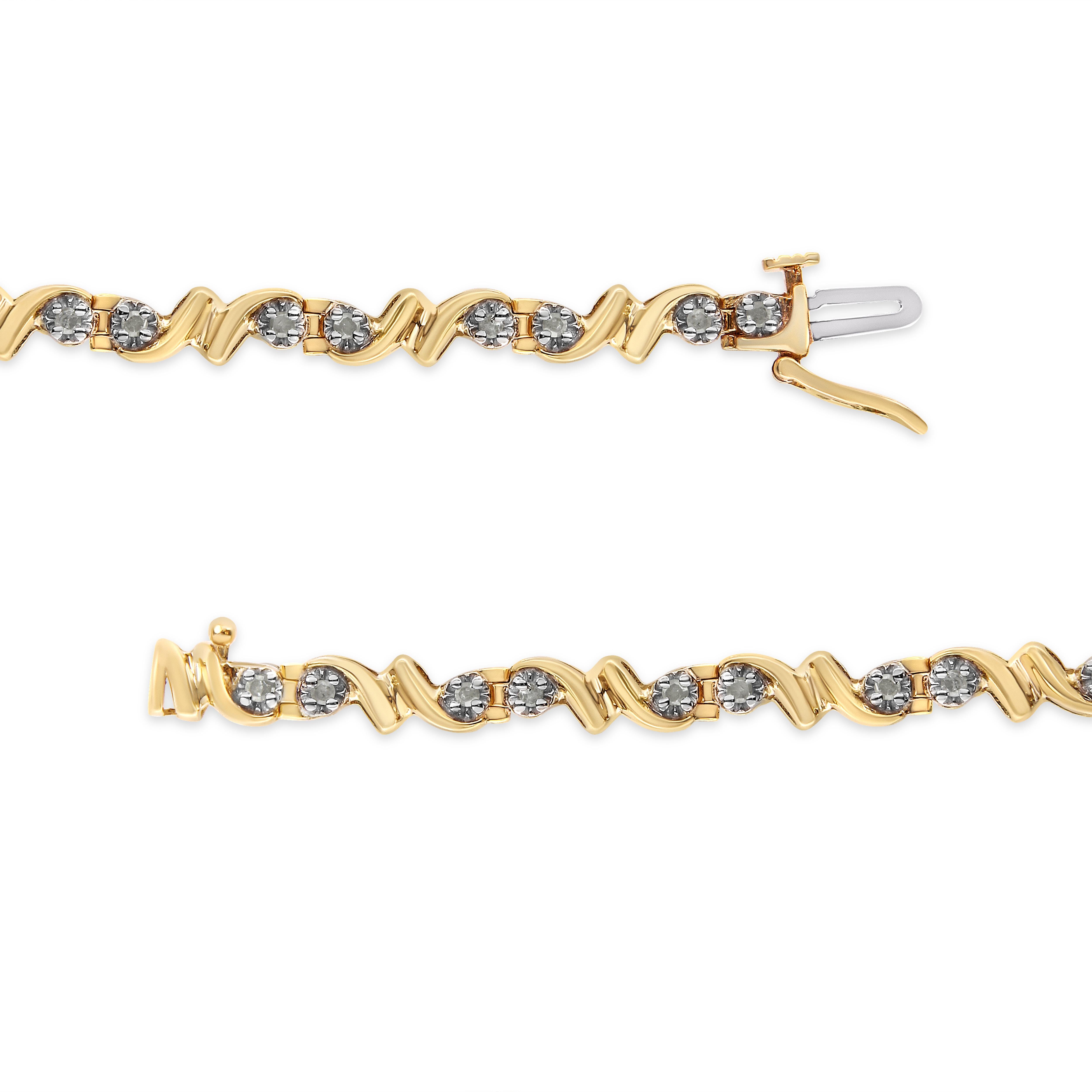 10K Gelbgold über Silber 1/2 Karat Diamant Double Wave Glieder-Tennisarmband (Rundschliff) im Angebot
