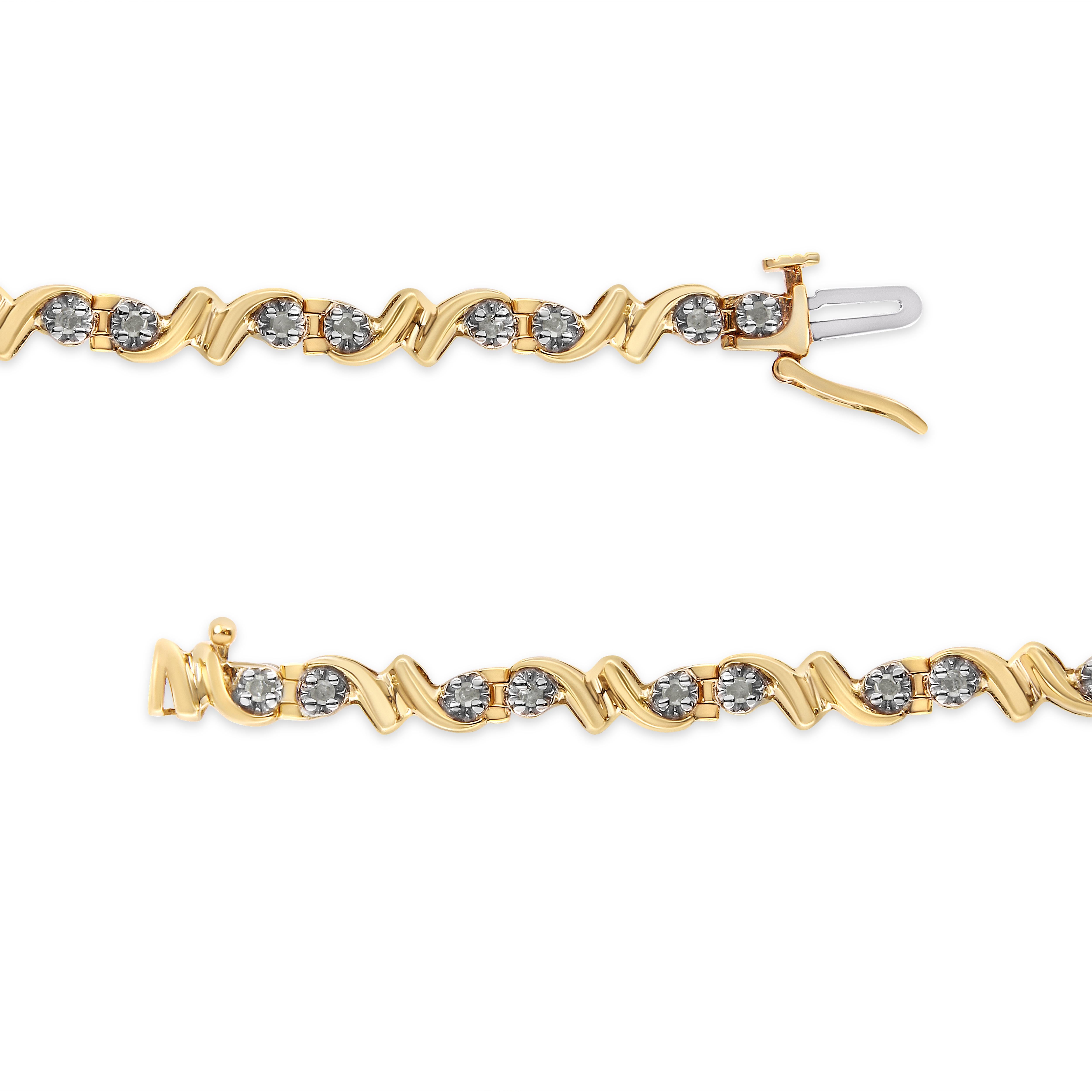 Round Cut 10K Yellow Gold over Silver 1/2 Carat Diamond Double Wave Link Tennis Bracelet For Sale