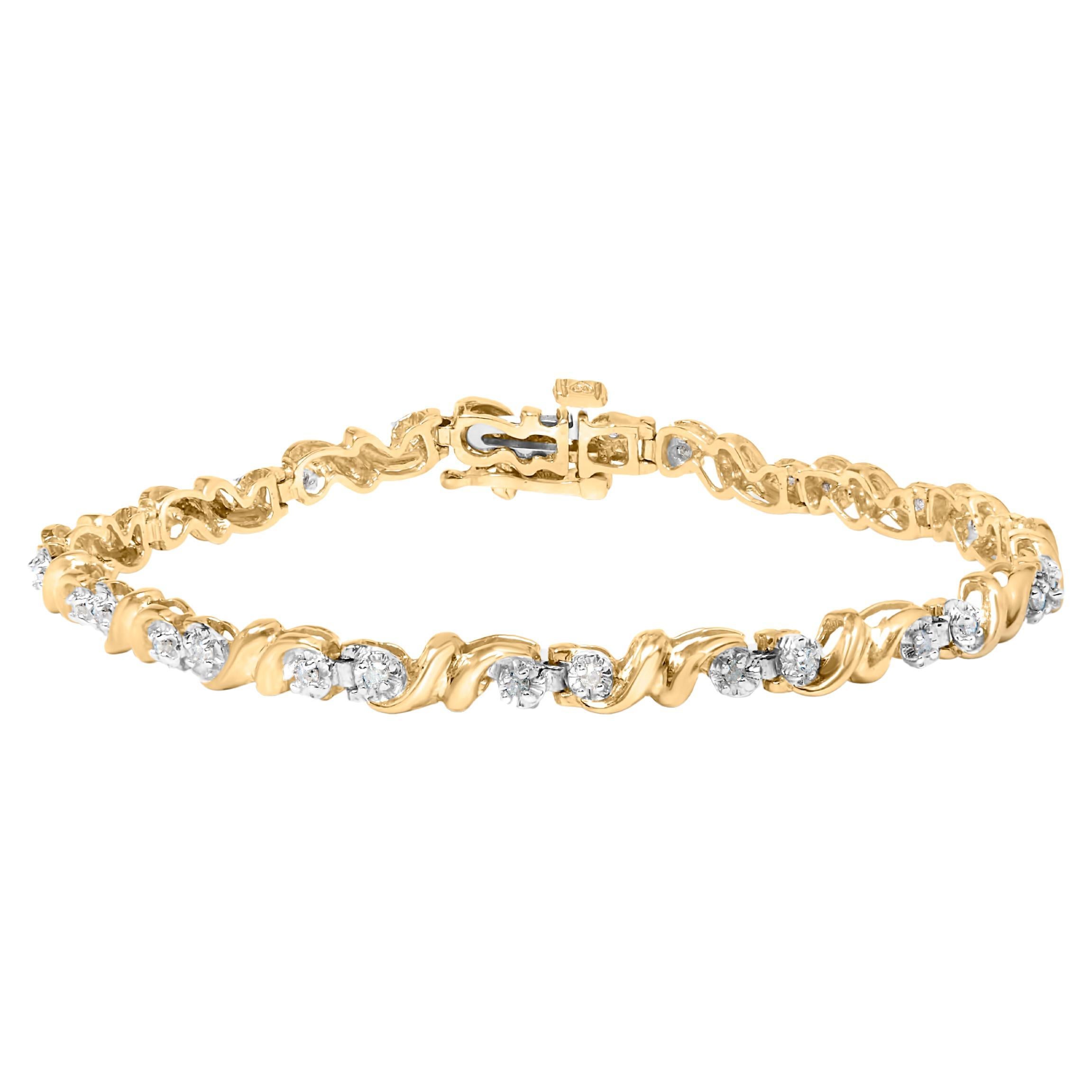 10K Yellow Gold over Silver 1/2 Carat Diamond Double Wave Link Tennis Bracelet For Sale