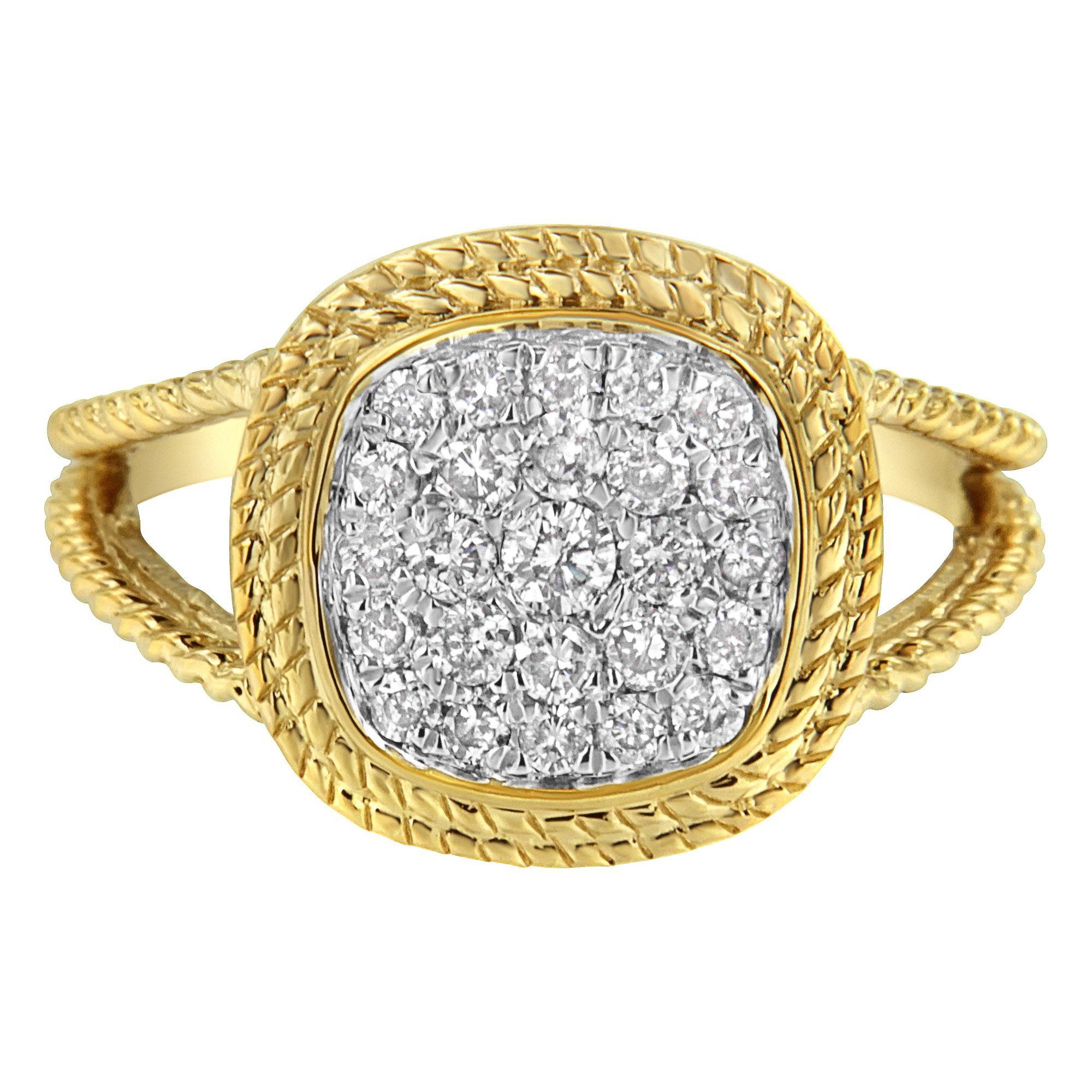 10K Gelbgold über Silber 1/2 Cttw Diamond Square Cushion Cocktail Ring (Rundschliff) im Angebot
