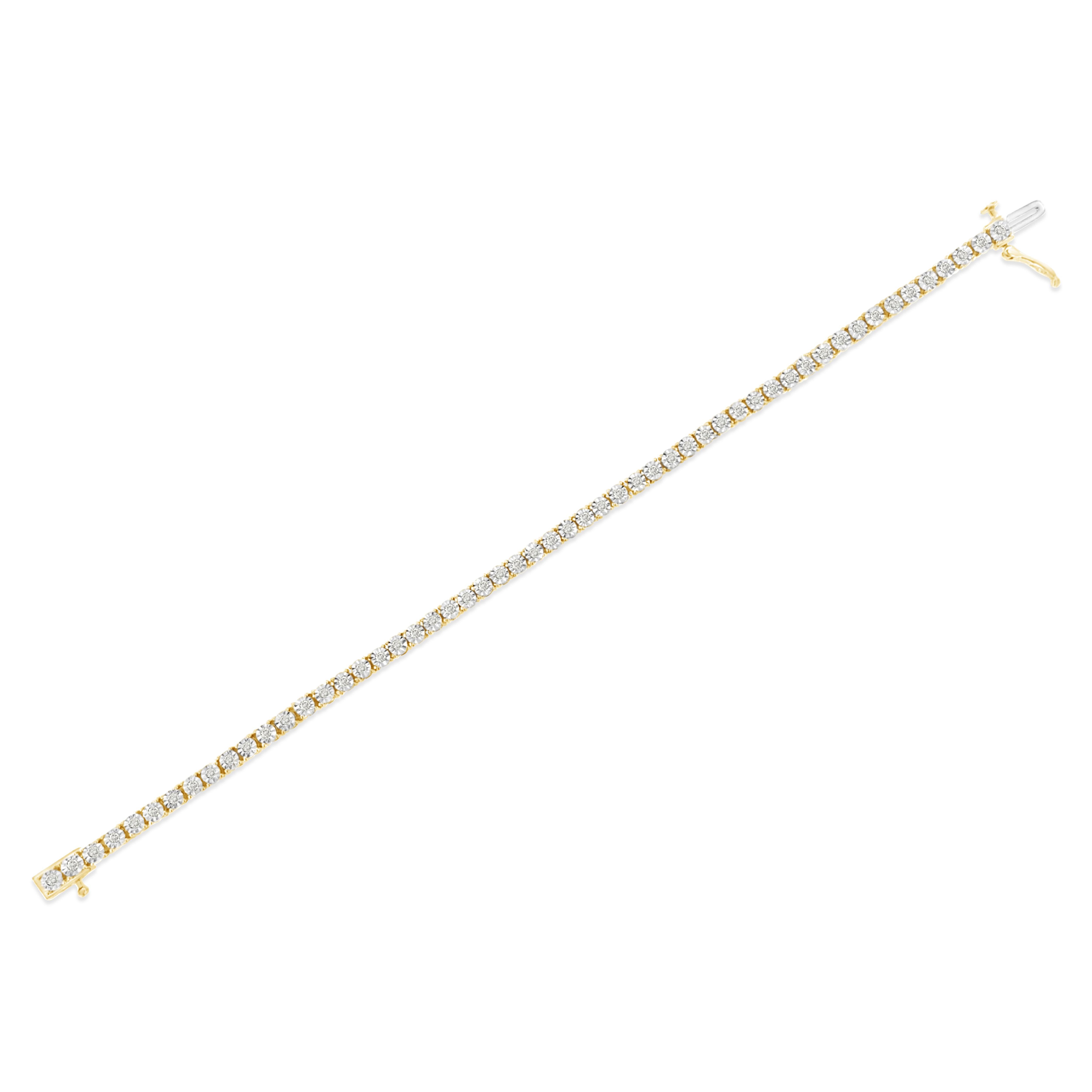 Round Cut 10K Yellow Gold Over Silver 1.0 Carat Diamond Faceted Bezel Tennis Bracelet For Sale