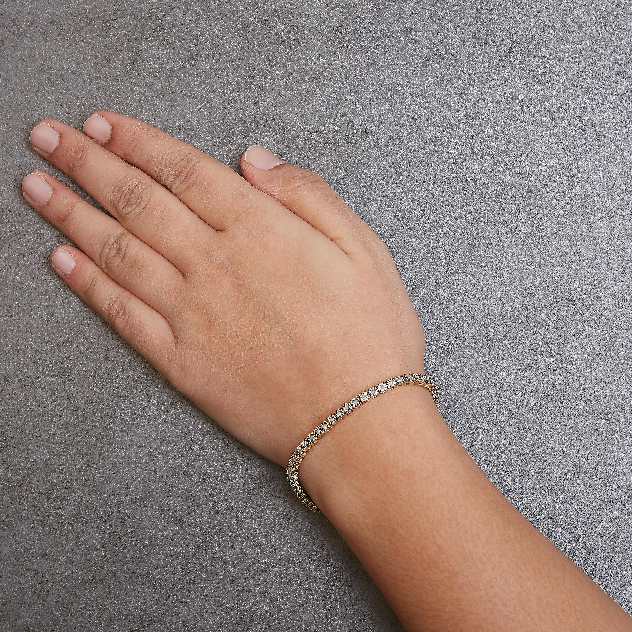 Women's 10K Yellow Gold Over Silver 1.0 Carat Diamond Faceted Bezel Tennis Bracelet For Sale
