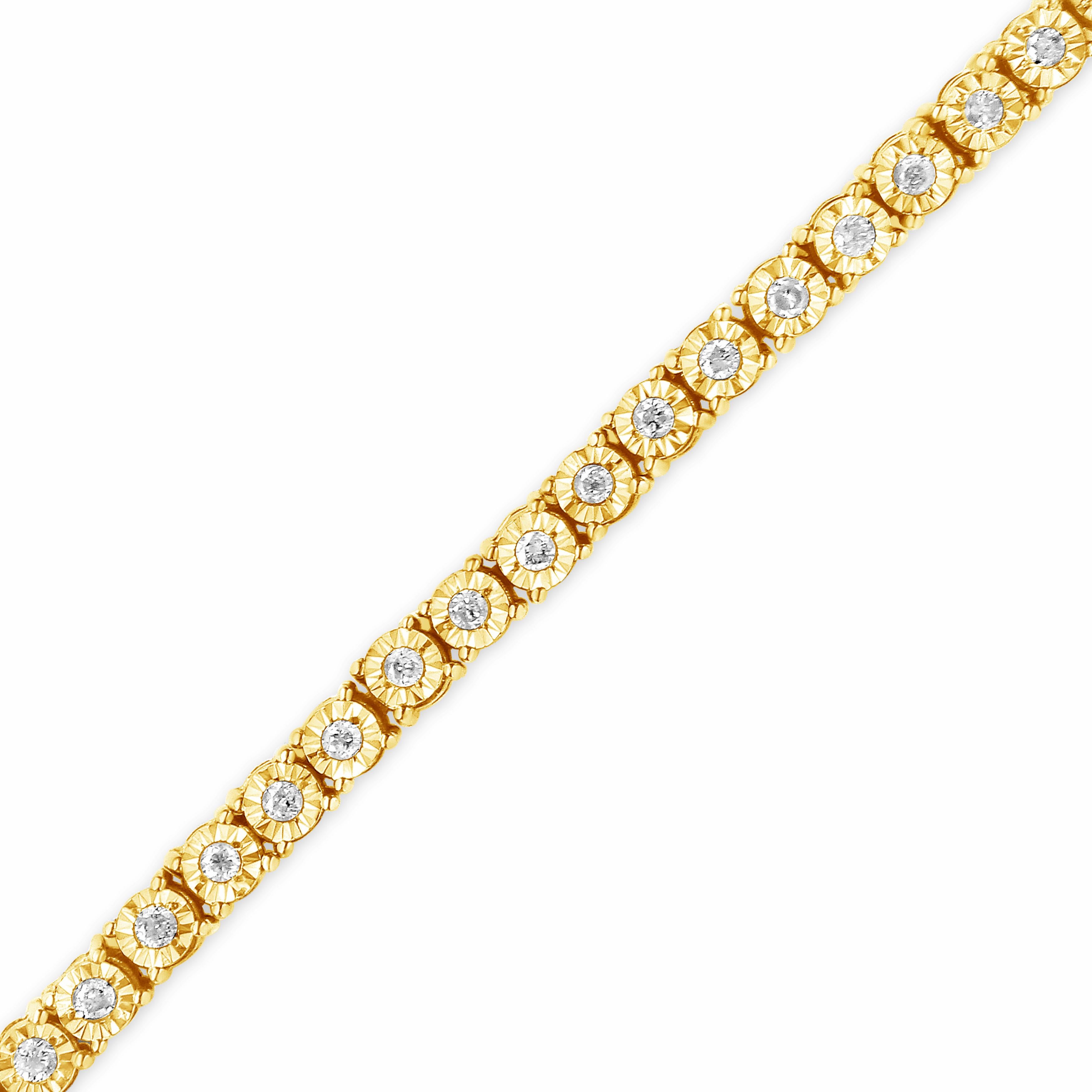 10K Yellow Gold over Silver 1.0 Cttw Diamond Round Faceted Bezel Tennis Bracelet In New Condition For Sale In New York, NY