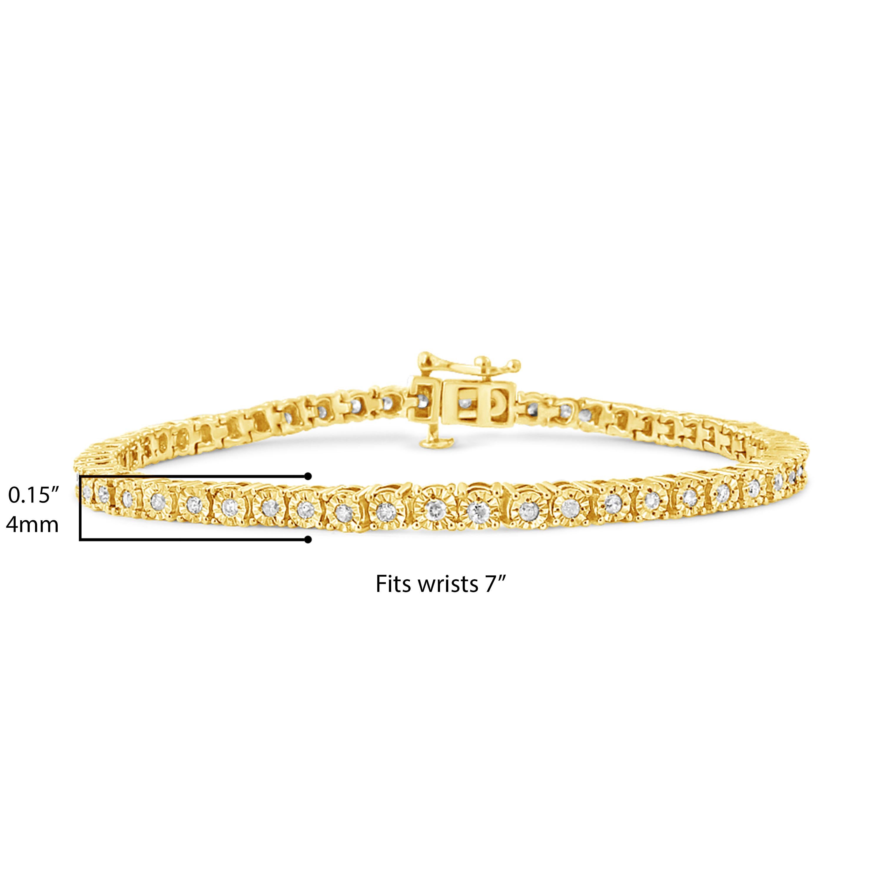 10K Yellow Gold over Silver 1.0 Cttw Diamond Round Faceted Bezel Tennis Bracelet For Sale 2