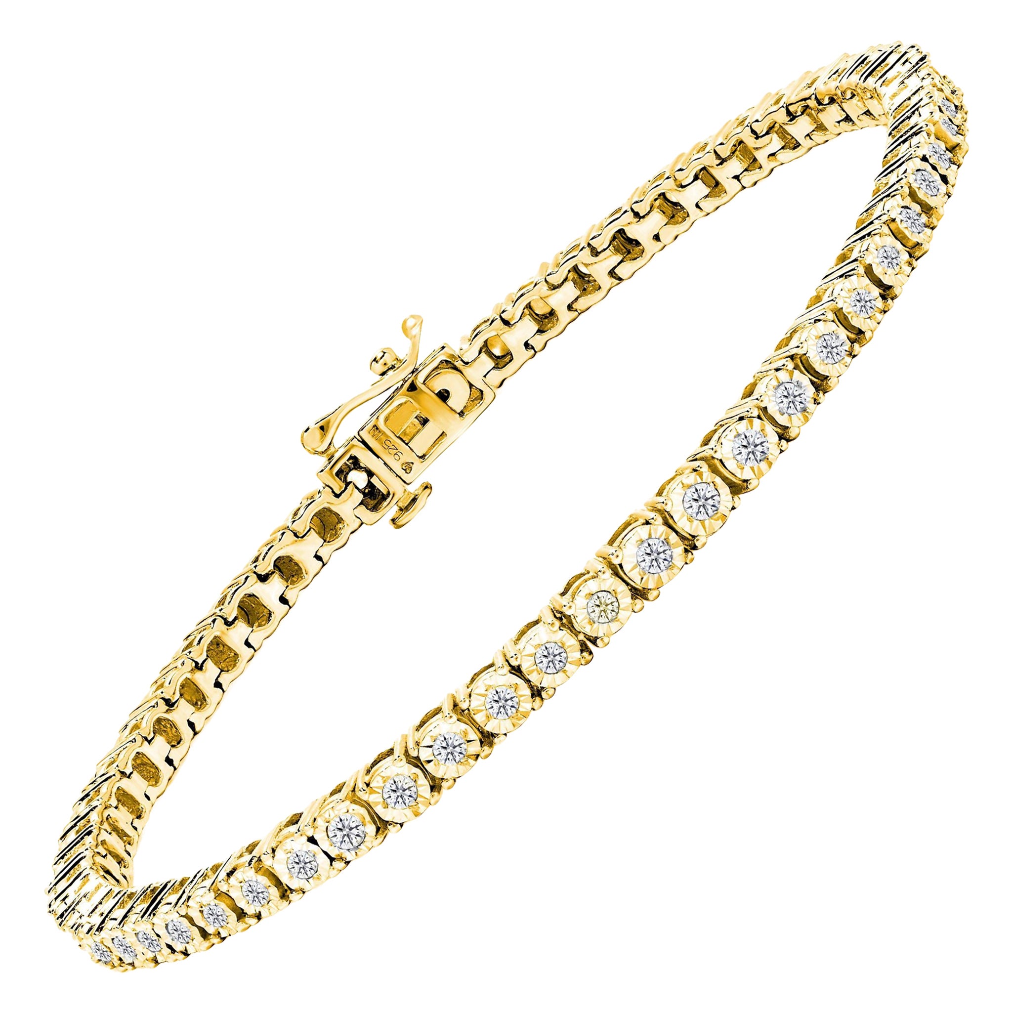 10K Yellow Gold over Silver 1.0 Cttw Diamond Round Faceted Bezel Tennis Bracelet