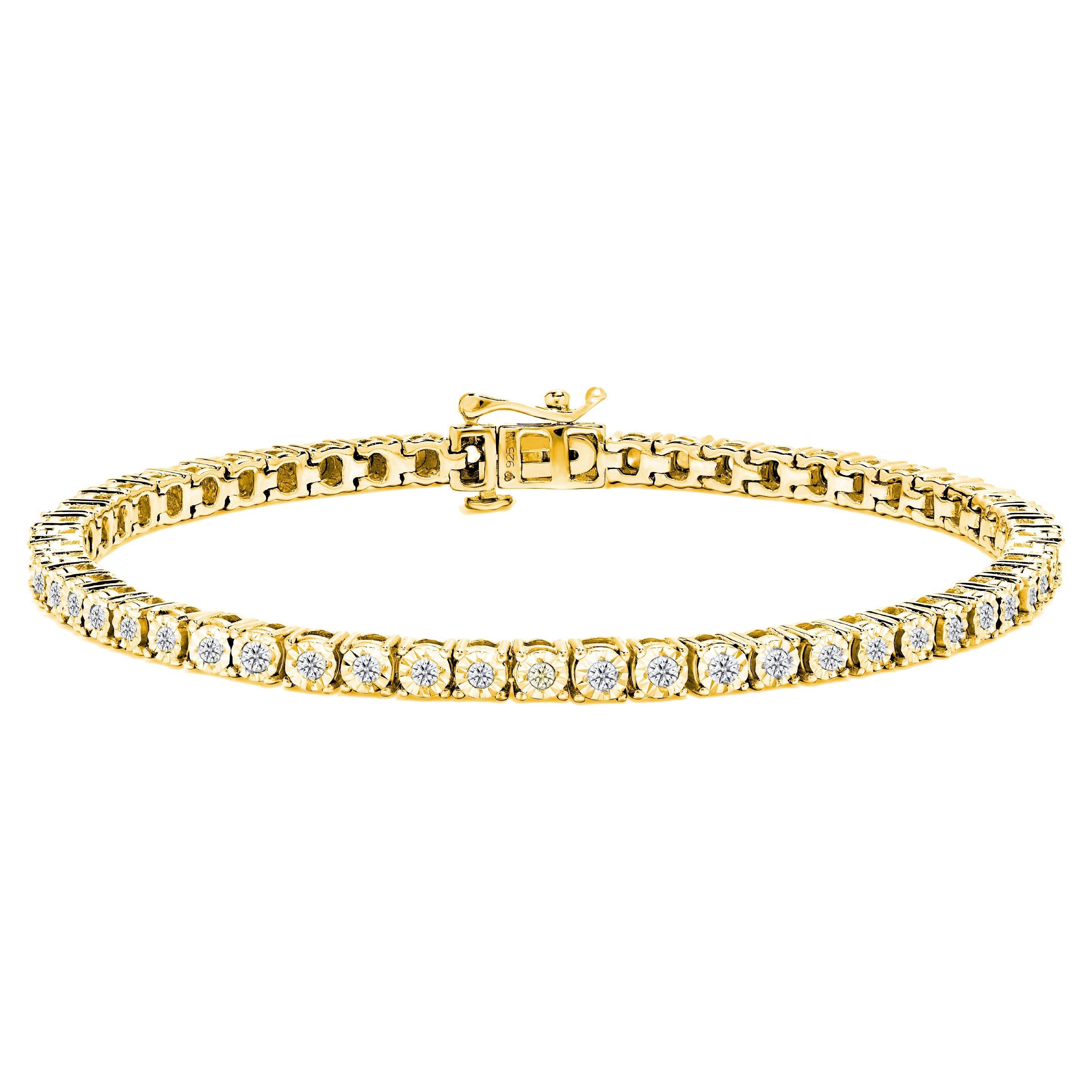 10K Yellow Gold over Silver 1.0 Cttw Diamond Round Faceted Bezel Tennis Bracelet For Sale