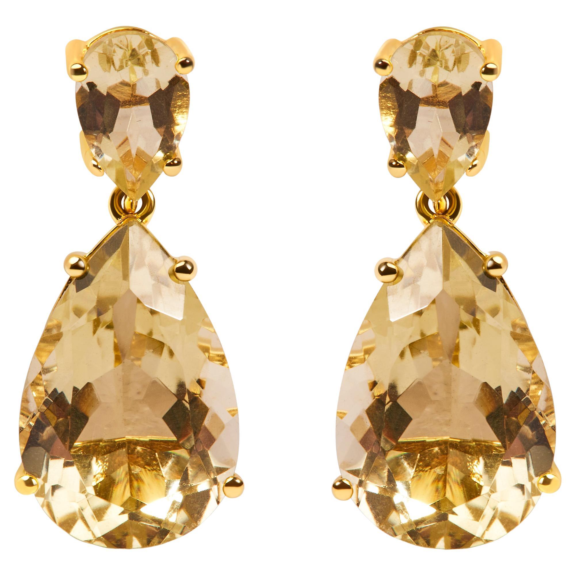 10K Yellow Gold over Silver 11 Carat Pear Shaped Lime Quartz Dangle Drop Earring For Sale