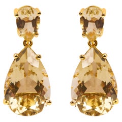 10K Yellow Gold over Silver 11 Carat Pear Shaped Lime Quartz Dangle Drop Earring