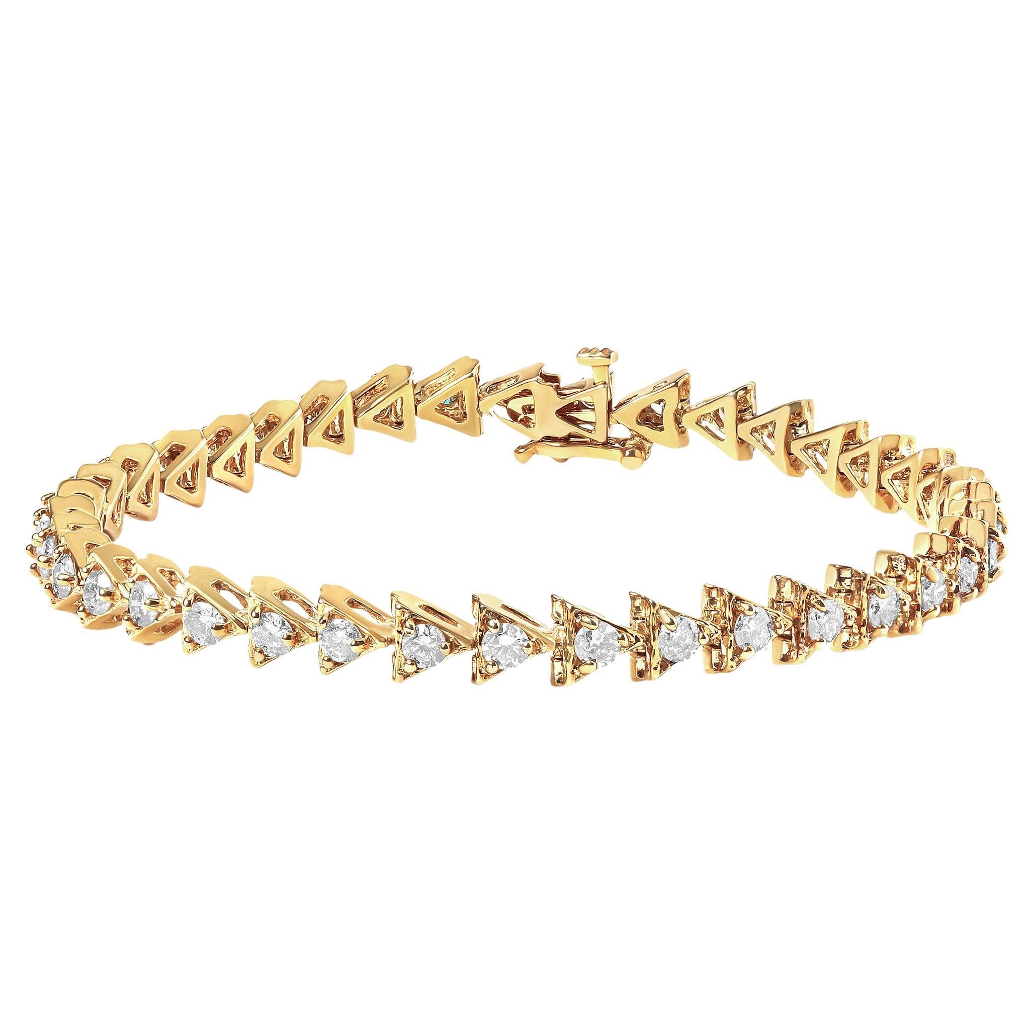 Bracelet tennis à maillons triangulaires en or jaune 10 carats et argent avec diamants de 3,0 carats en vente