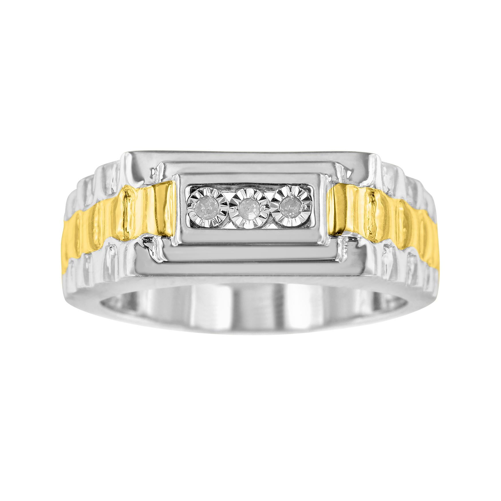 10K Gelbgold über Silber Diamant-Akzent 3 Stone Gentlemen's Fashion Ring (Moderne) im Angebot