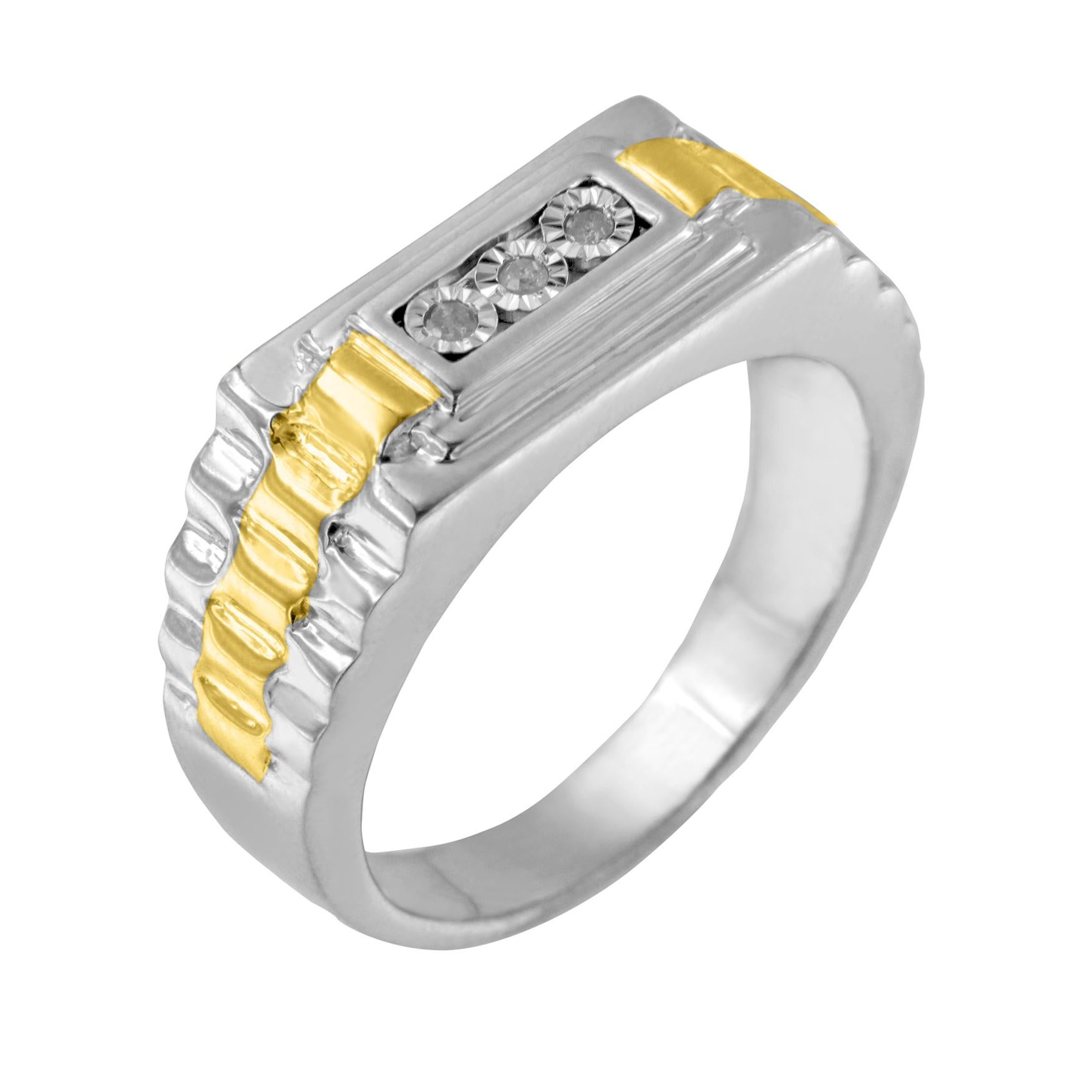 10K Gelbgold über Silber Diamant-Akzent 3 Stone Gentlemen's Fashion Ring (Rundschliff) im Angebot